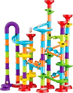 The Magic Toy Shop 113 Piece Marble Run Game Toy Set - Colourful 3D Maze Track Construction Kit with Glass Marbles - Educational STEM Building Blocks Race for Kids, Boys & Girls Age 3+