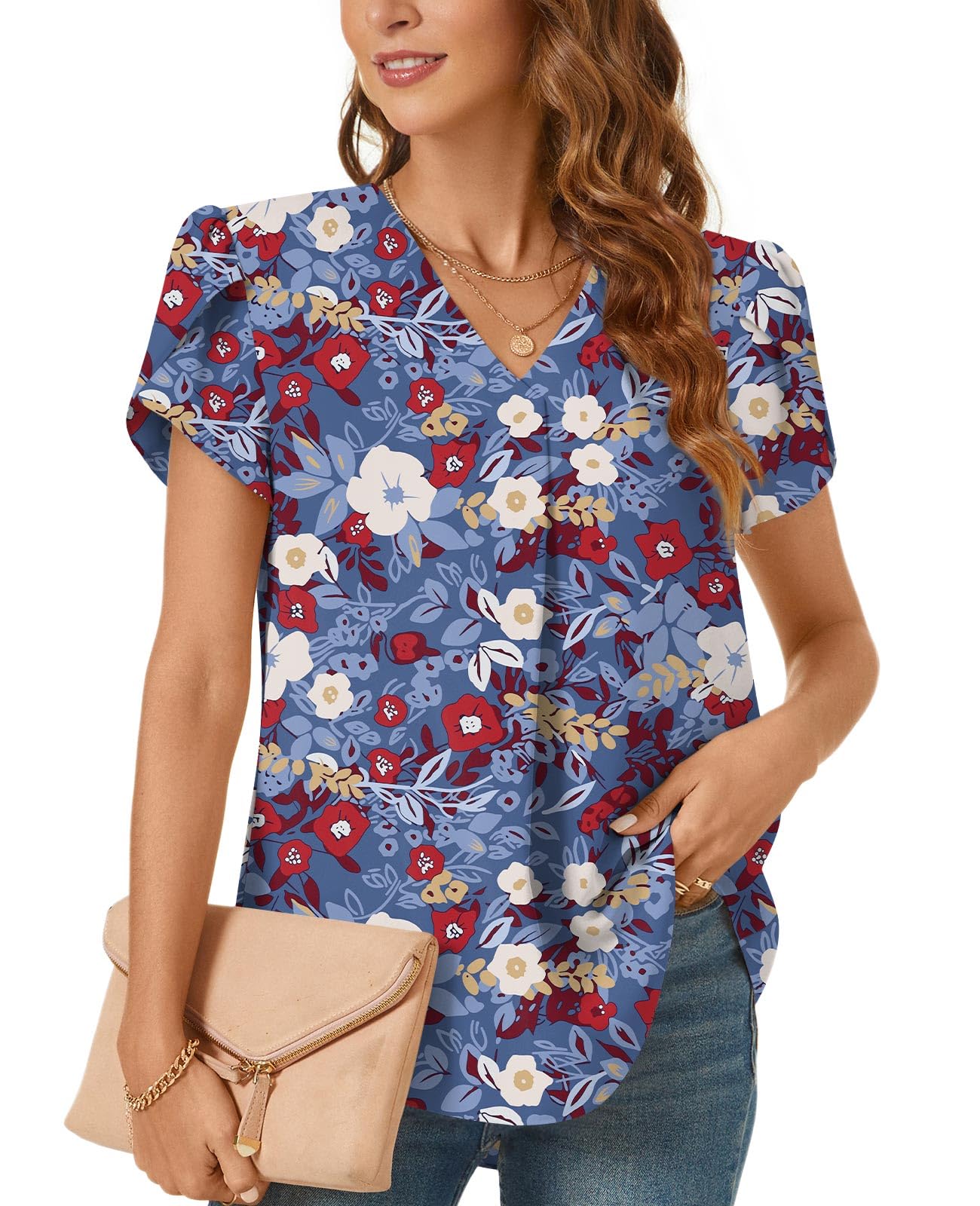 Bestbee Women's Dressy Chiffon Blouses V Neck Tops Tee 2025 Summer Shirts Petal Short Sleeve Casual T-Shirts