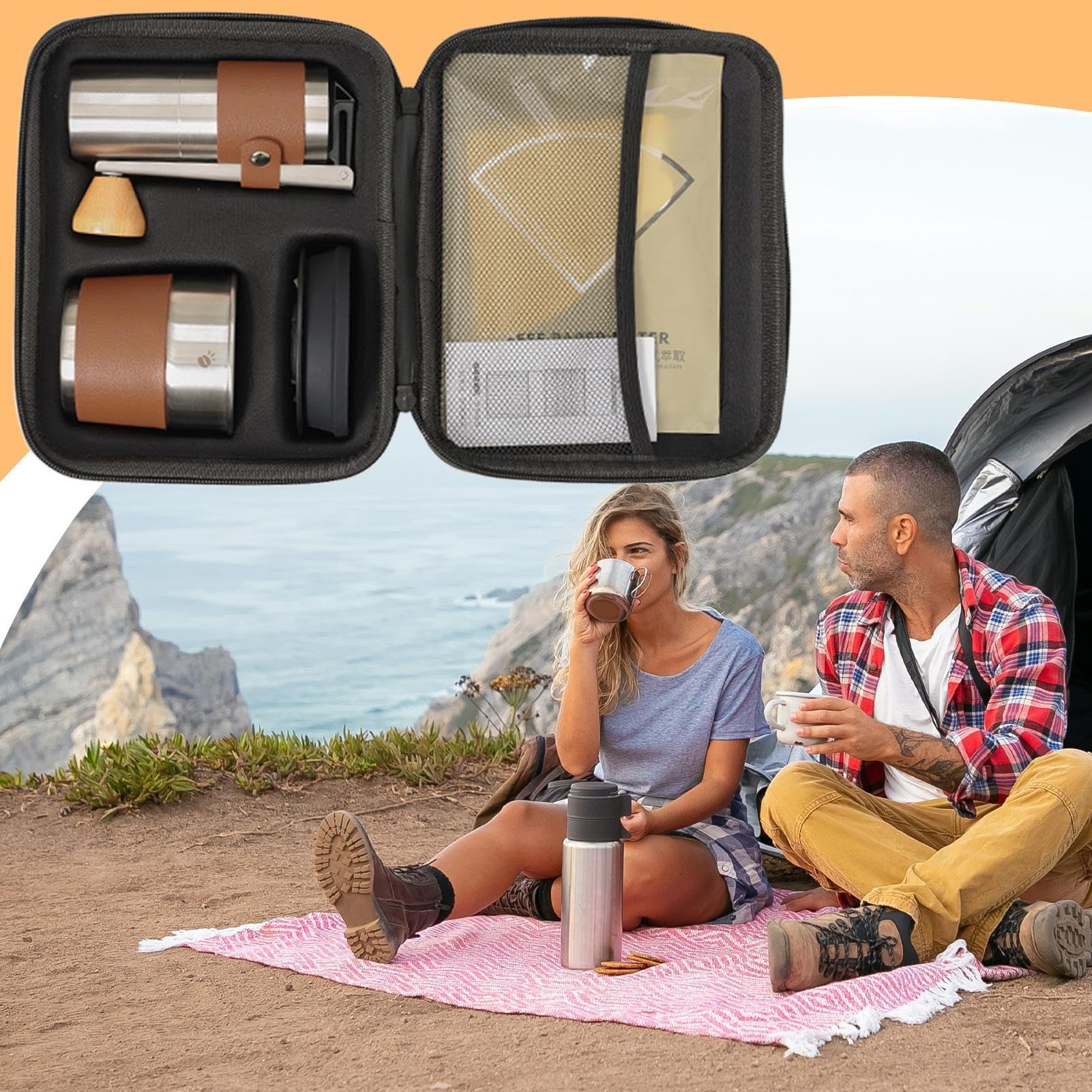 Genérico Camping-Kaffee-Set – Kaffee für Camping, tragbares Transportzubehör-Set, multifunktionale Bohnenmahlmaschine für Reisen, Wandern im Freien