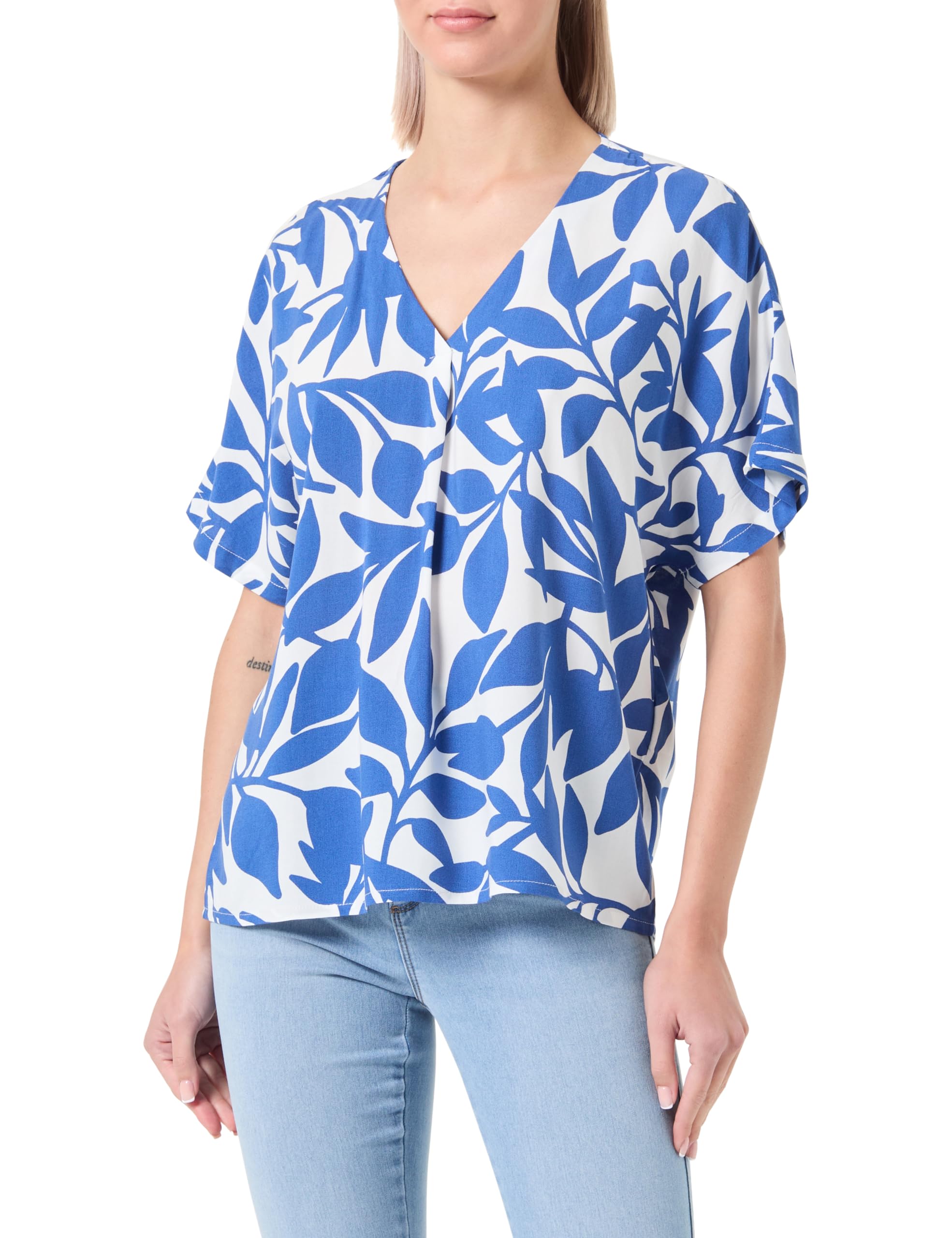 VERO MODA Women's Vmeasy Joy SS V-Neck WVN Ga Top, Snow White/AOP: Alisa Mazarine Blue, M