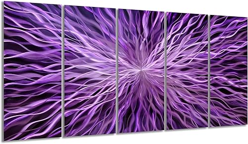 YHSKY ARTS Arte abstracto de pared de metal hecho a mano en aluminio, moderno 5 piezas de arte en color morado, contemporáneas líneas poderosas