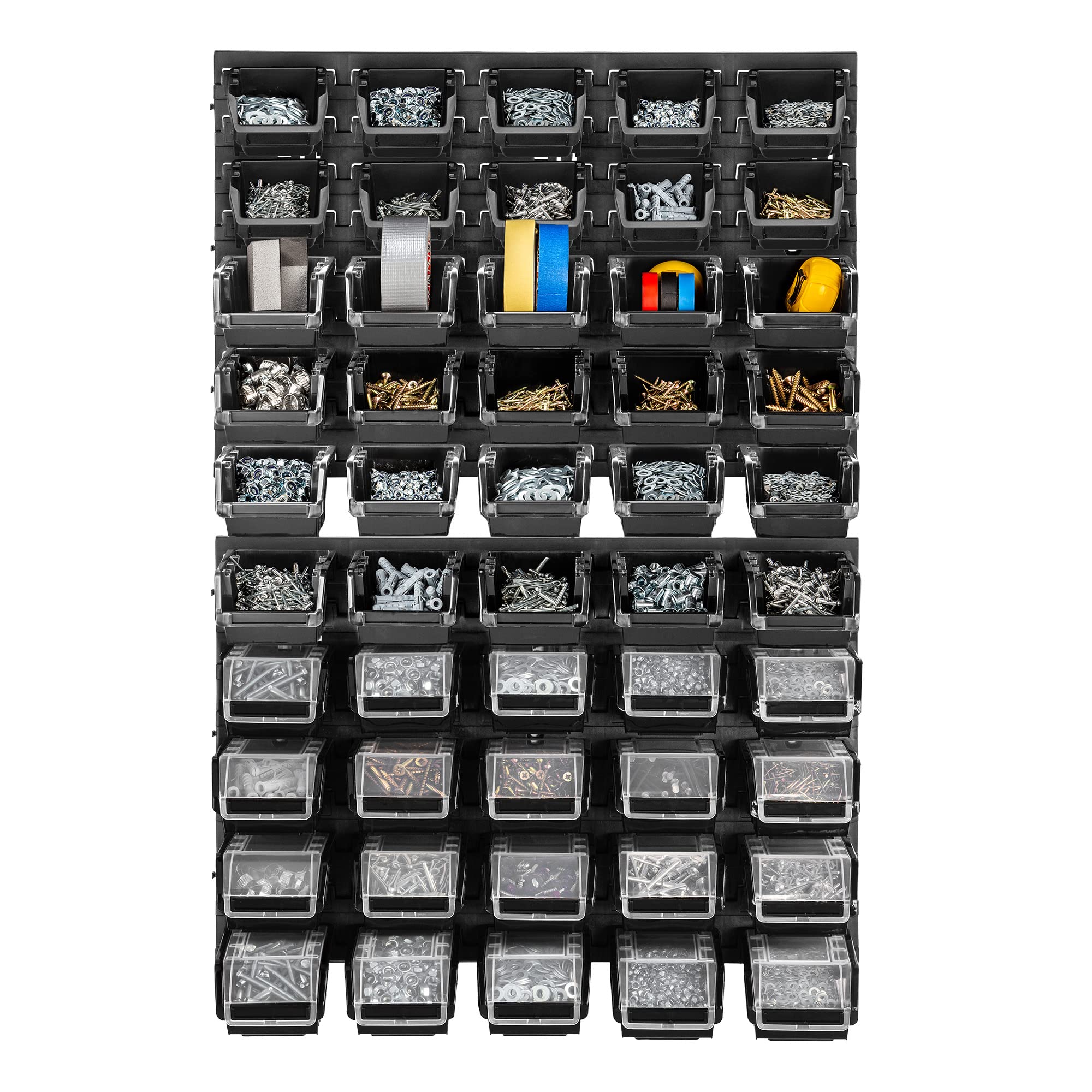 KADAX Werkstattwandregal, 58x78cm Lagersystem aus robustem Kunststoff, UV-Resistentes Werkstattregal, Erweiterbare Wandplatten, Schüttenregal für Garage (Schwarz, 50 TLG. v2)