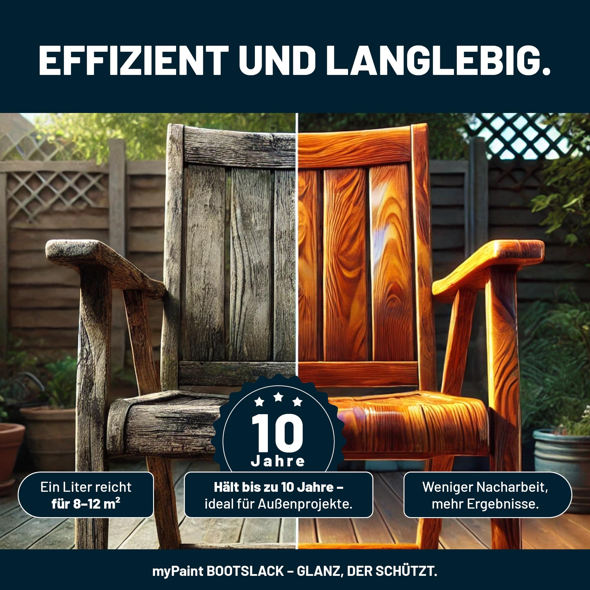 MyPaint Bootslack 750 ml - Weiß - Klarlack Holz außen wasserfest | Bootslack glänzend | langlebiger & wetterbeständiger Holzschutz für Boote, Fensterrahmen, Möbel & Gartenmöbel | UV-beständig
