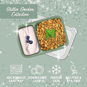 Bentgo Prep - 2-Compartment Snack Containers with Lids - Reusable, Microwaveable, Durable, PFAS & BPA-Free, Freezer, Dishwasher-Safe Meal Prep Food Storage - 10 Trays & 10 Lids (Basil Glitter)