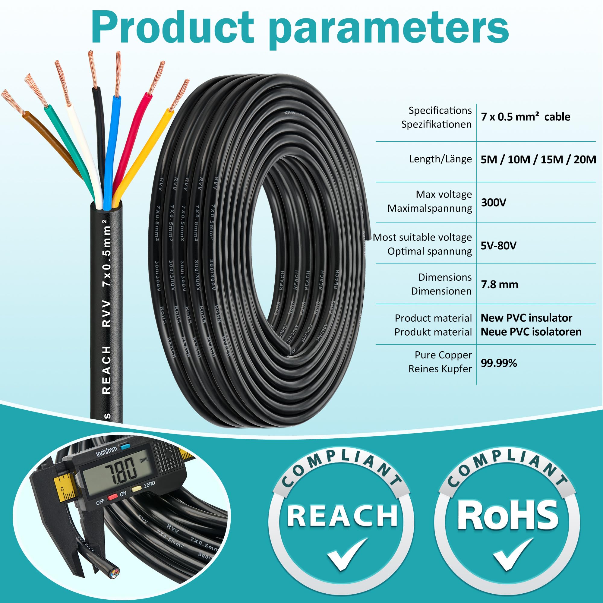 Cable de Pilotos Remolque 7 Polos 0,5mm², 10M Cable Electrónico de Remolque 12V/24V, Flexible Alambre de Cobre para Caravana Camping y Vehículo Luces LED, Aprobación RoHs Reach