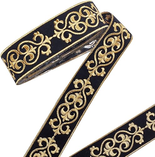 PH PandaHall Cinta de jacquard de 1.75 pulgadas, 4 yardas, adhesivo en caliente, ribete floral negro dorado bordado, ribete de encaje, cinta tejida