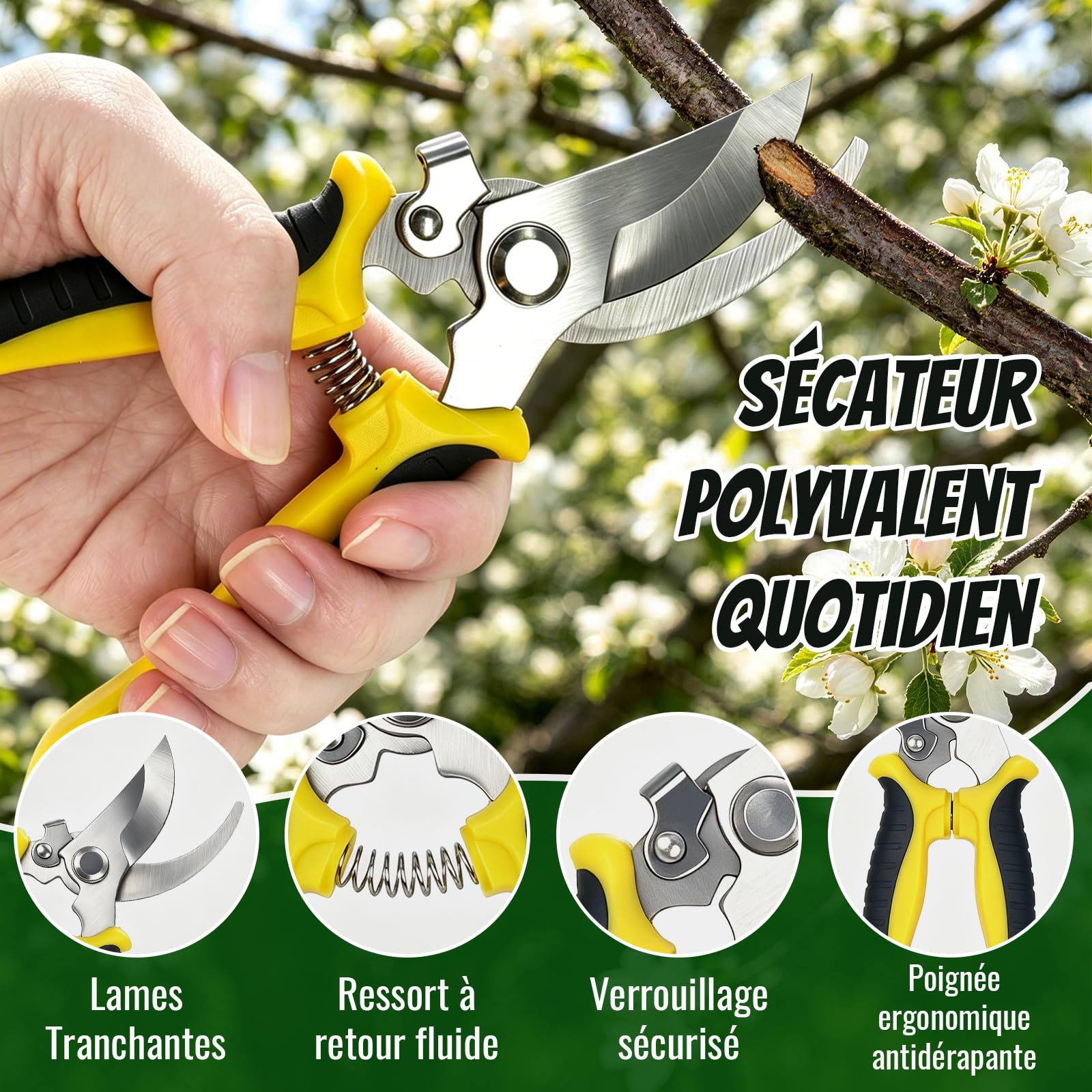 Kit Outils de Jardinage 8 Pièces, Sécateur et Truelle en INOX | Manche Antidérapant, Sac de Rangement, Gants, Râteaux et Désherbeur pour Plantation, Entretien de Fleur et Potager