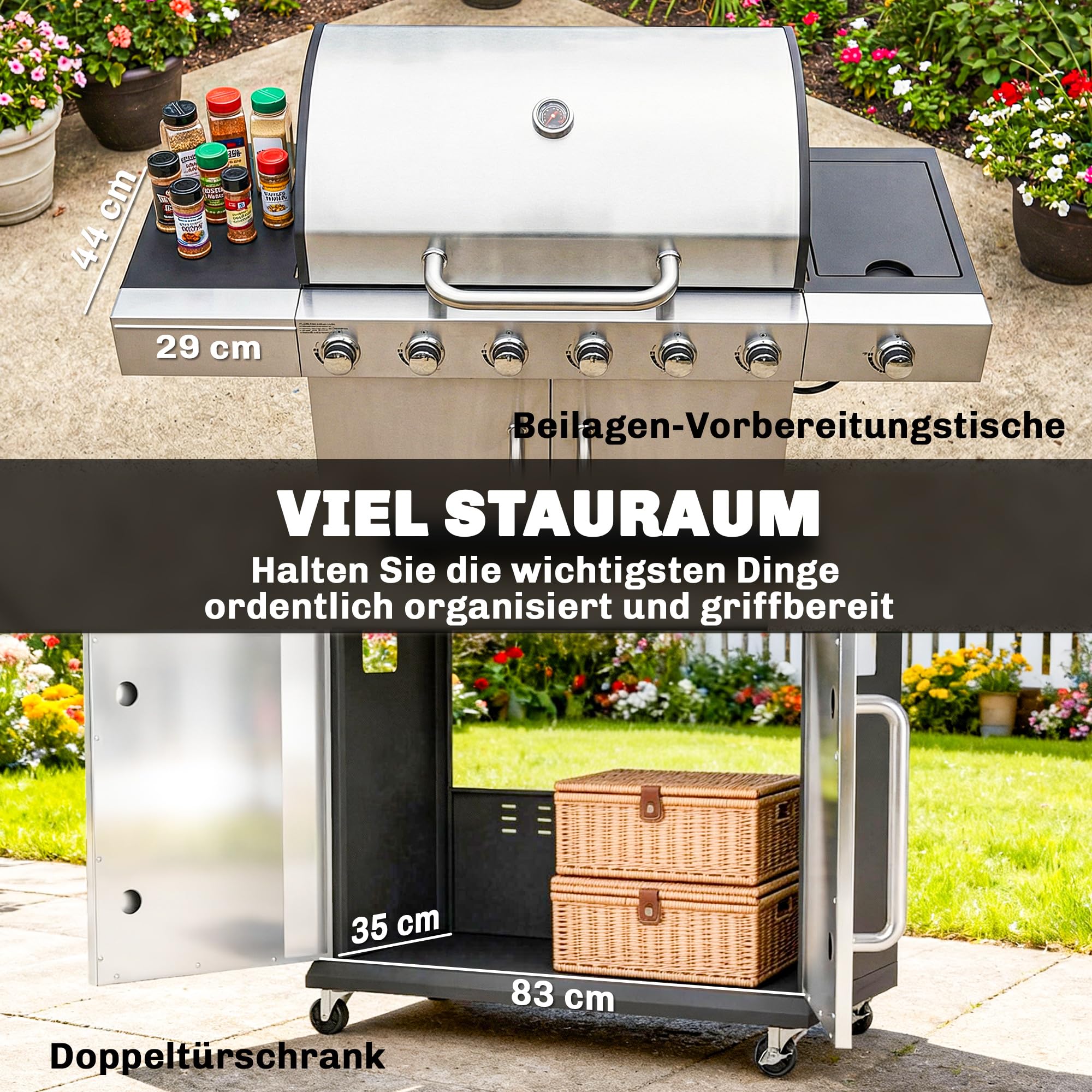Outsunny Gasgrill 18,6 KW 6+1 Brenner BBQ Grillwagen aus Edelstahl inkl Rolle Seitenbrenner Thermometer Gusseisen-Grillrost Warmhalterost Seitentisch Unterschrank Gas-Grill für Balkon BBQ Party