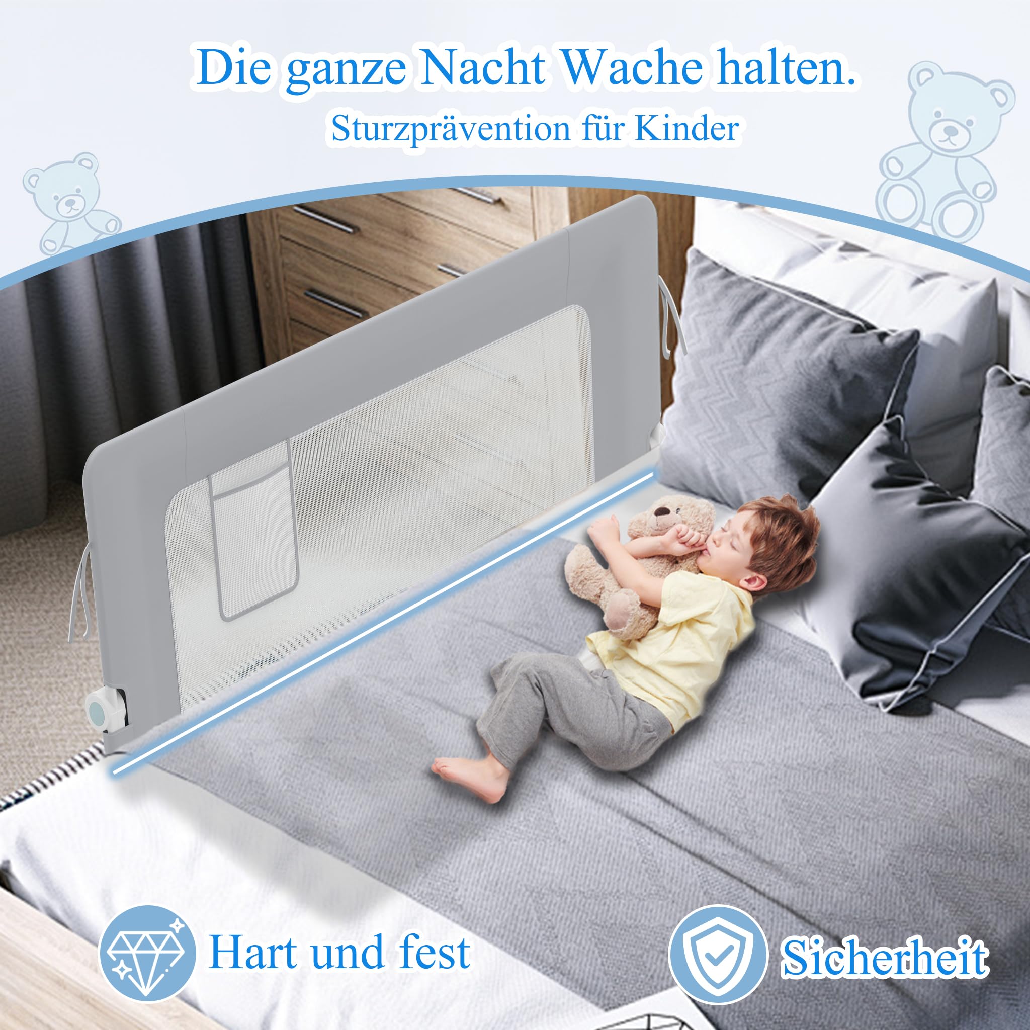 AufuN Barrera de cama portátil de 200 cm, plegable, para niños y bebés, plegable, portátil, protección contra caídas, para bebés y niños en la cama de padres, color gris