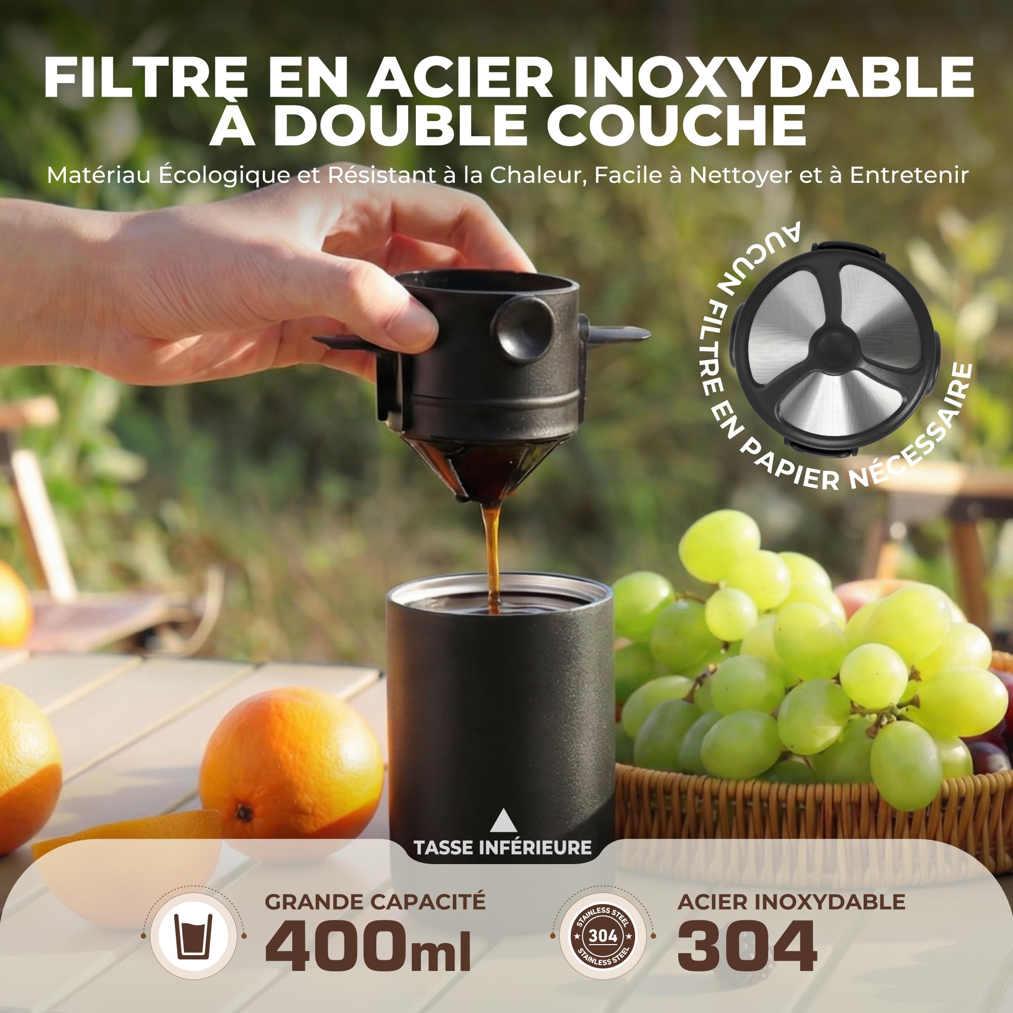 HAUSHOF Machine à Café Portable Pour-Over Tout-en-Un | Moulin Intégré, Mug Isotherme Indépendant 400 ml, Sans Fil, 4-en-1 Grind & Brew, Idéale pour Voyage et Camping, Noir