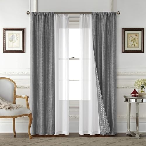 Juego de 4 paneles de ventana con bolsillo para barra, color gris oscuro, 2 paneles de jacquard y 2 paneles transparentes, elegantes cortinas en