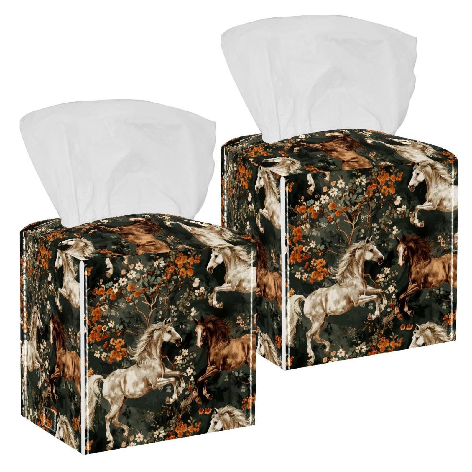 Horse Flowers Tissue Box Cover, 2 Pack PU Leather Square Facial Tissue Dispenser Box holder for Home Office Car