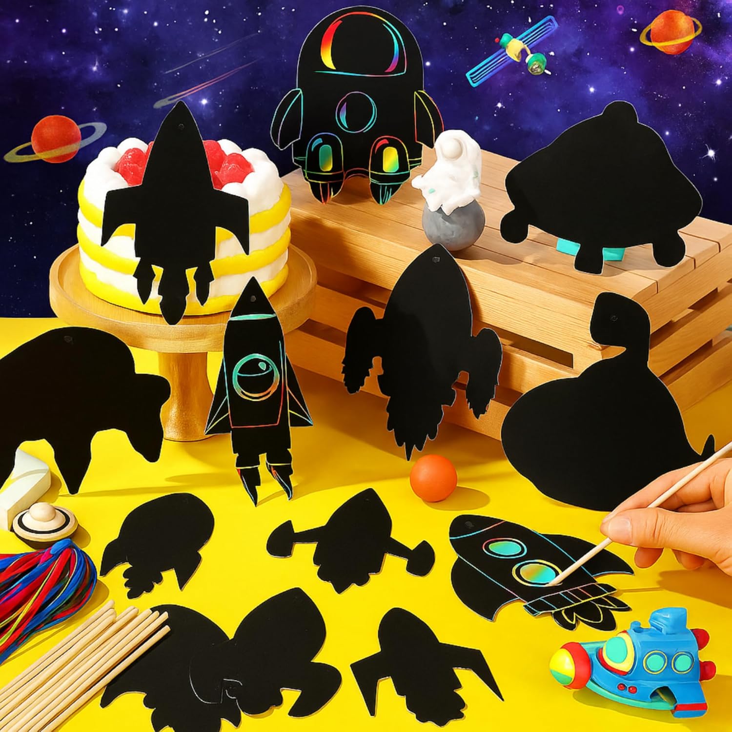 Engrowtic 72 Set Rocket Scratch Cards Outer Space Theme Party Scratch Crafts Rainbow Rocket Paper Card Art Favors for DIY Crafts Home Decoration Project 12 Styles