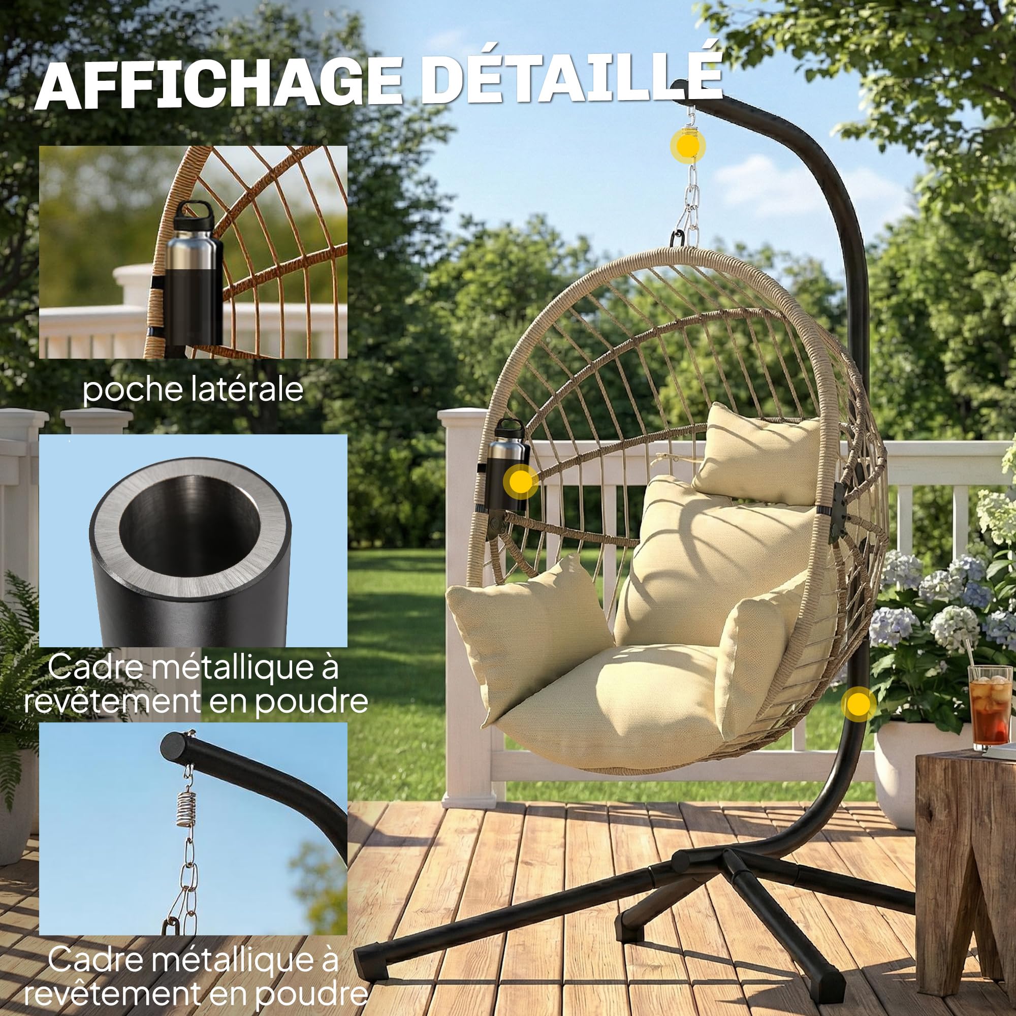 Outsunny - Sillón colgante, silla colgante para hamaca, cesta plegable, cojín acolchado, bolsillo, almohada, silla colgante para interior y exterior, color caqui
