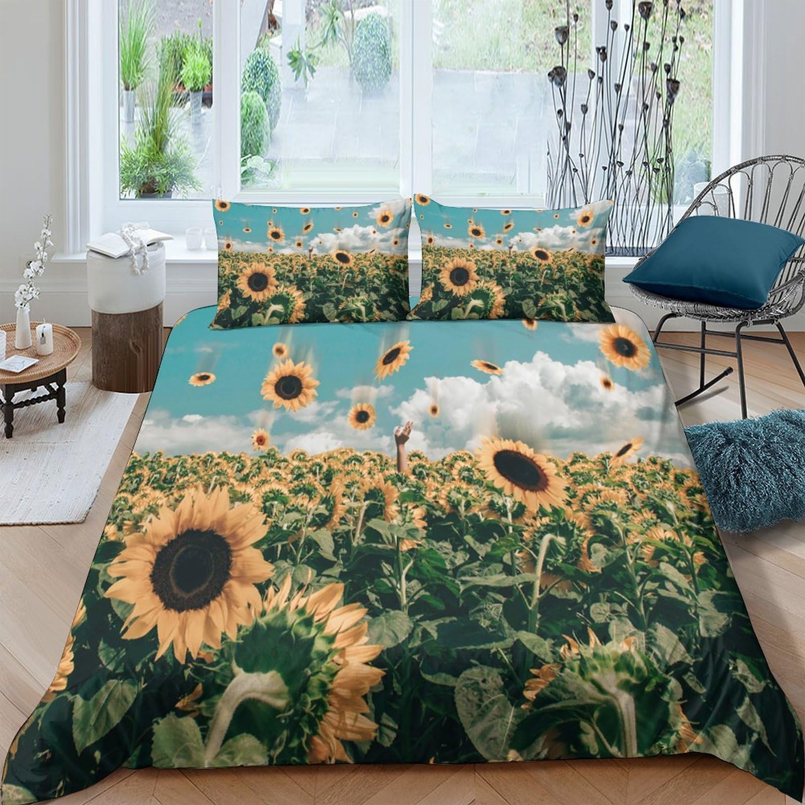 Ctjqhvkz Style-10 3D Printed Sunflower Field Fitted Sheet Microfiber Soft Yellow Floral Sky Mattress Cover For Bedroom Guest Room Decor Single（135X200cm）