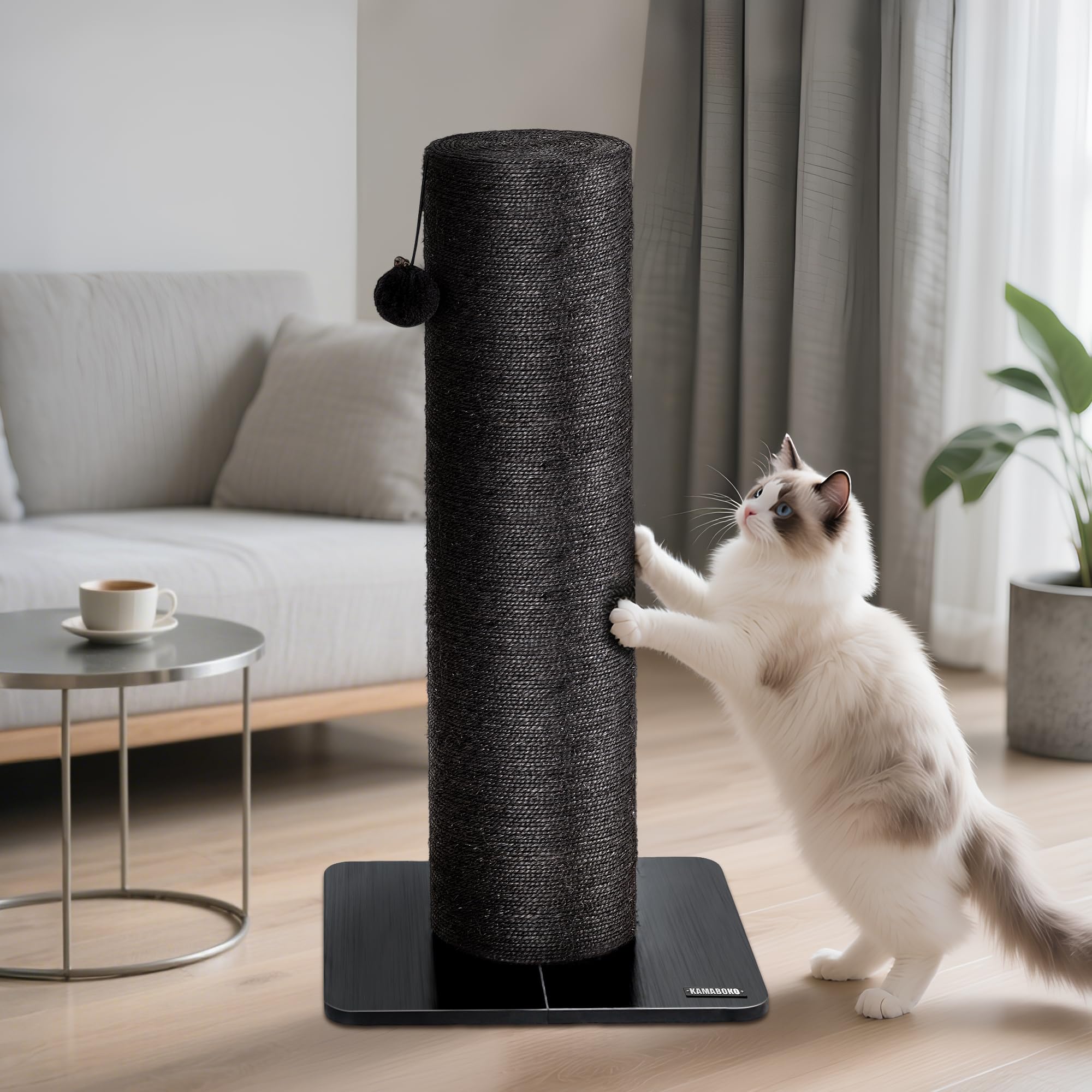 KAMABOKO 29.5" Cat Scratching Post for Large Cats, 7.5" Ultra-Large Diameter Natural Sisal Cat Scratch Post, Scratch-Resistant Tall Cat Scratcher for Indoor Cats, Protect Your Furniture, Black