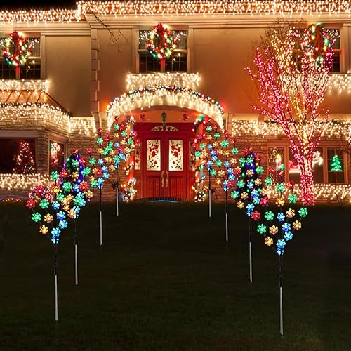 Miniatura 4 de Aovciust Decoraciones de Navidad al aire libre, 4 juegos de luces solares para árbol de Navidad con 80 luces C6 multicolor de copo de nieve,