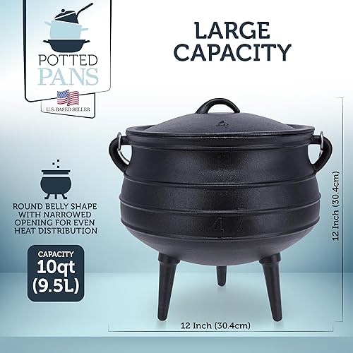 Miniatura 3 de Potted Pans Olla de caldero  Caldero de hierro fundido de brujas presazonadas de 10 cuartos de galón para cocinar fogatas  Potjie africano de 3