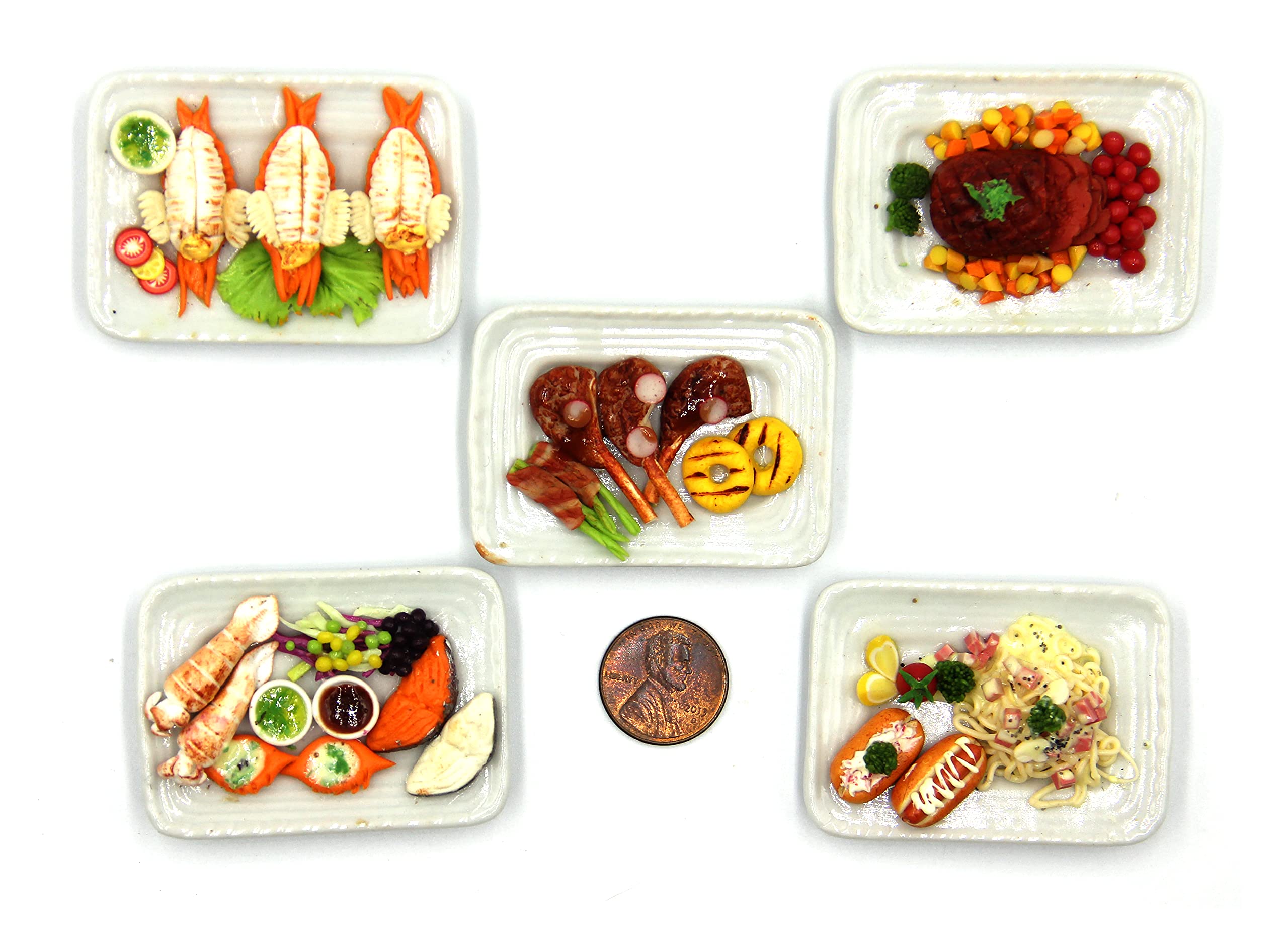 Lovely Mixed 5 Assorted Grilled, Steak, with Appetizer Dish Dollhouse Miniature Food, Tiny Food for Collectibles, Compatible with Barbie Dollhouse and Diorama Scale 1:6, 1/6