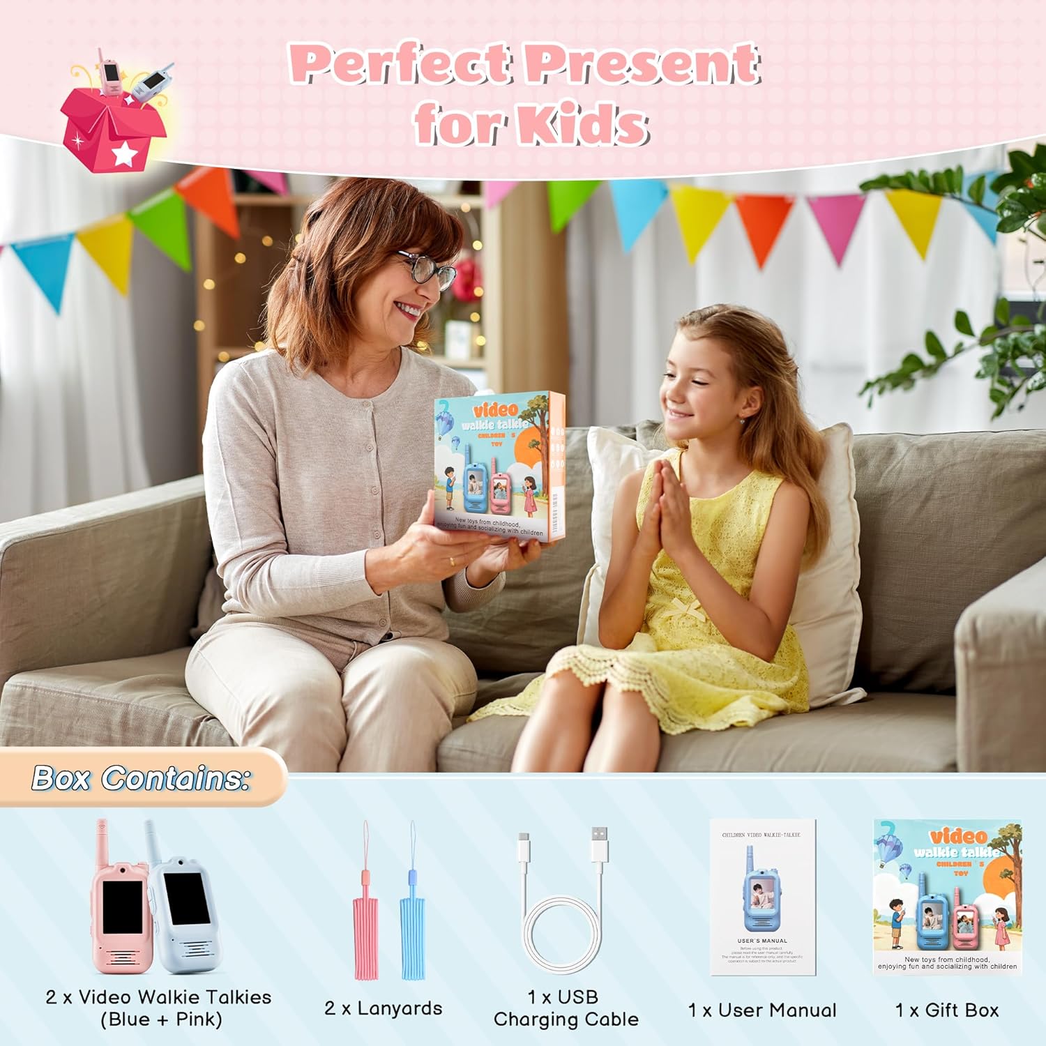 Video Walkie Talkies for Kids, 2.0" Screen Toys with Camera, 5 Voice Changer Modes, Long Range Rechargeable Video Call Toys for 3-12 Year Old Boys Girls Birthday (Blue/Pink)