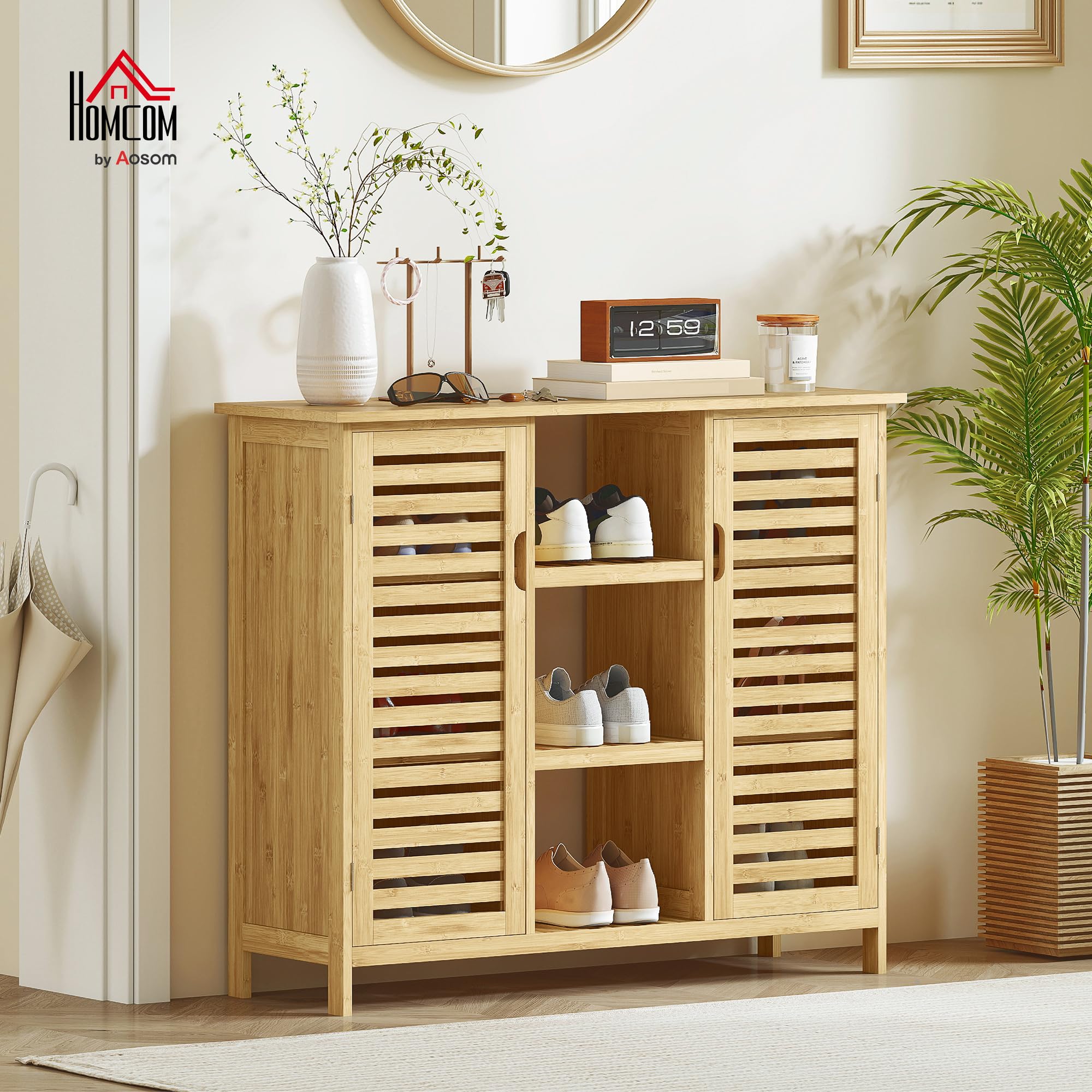 Armario de Almacenaje de Bambú 2 Puertas de Lamas 100x33x86 cm Natural | HOMCOM, Mueble Recibidor con Estantes y Compartimentos Abiertos, para Salón, Entrada
