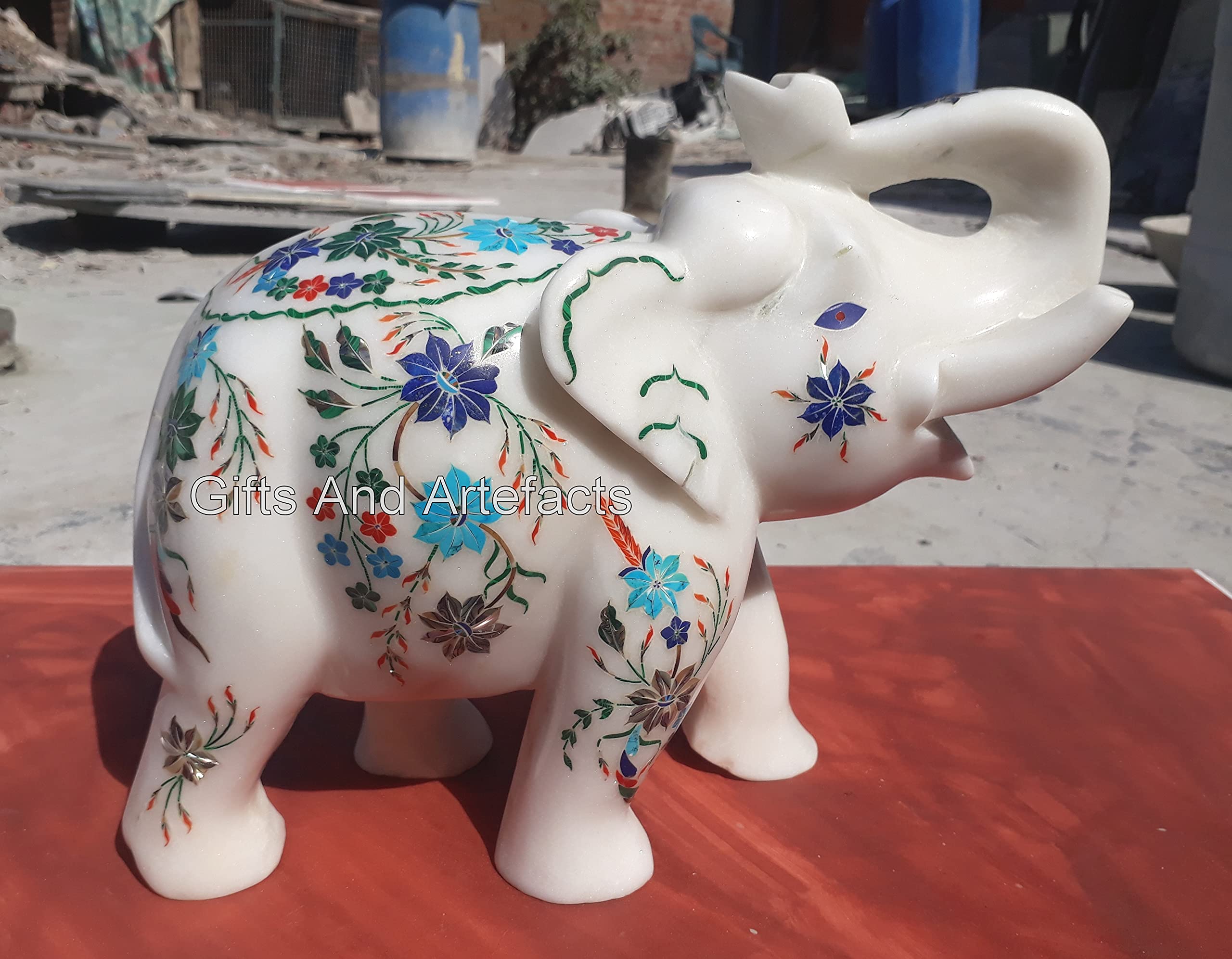 Estatua de elefante de piedras semipreciosas con incrustaciones de trabajo de mármol blanco de 8 pulgadas, escultura de elefante de buena suerte para regalo de inauguración de la casa
