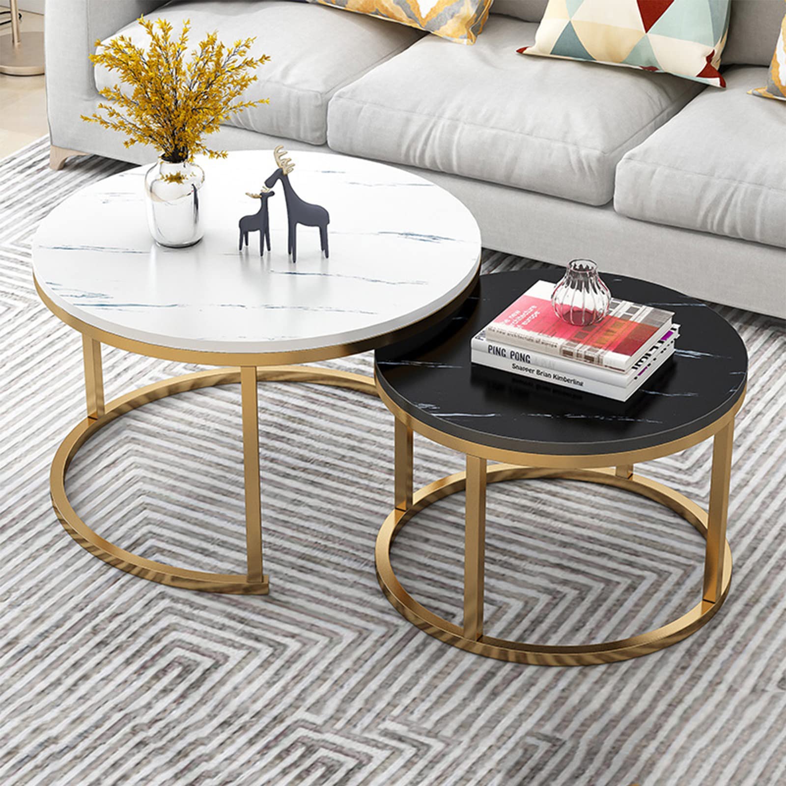 Table Basse Gigogne Moderne avec Cadre en Métal Robuste et Plateau Blanc
