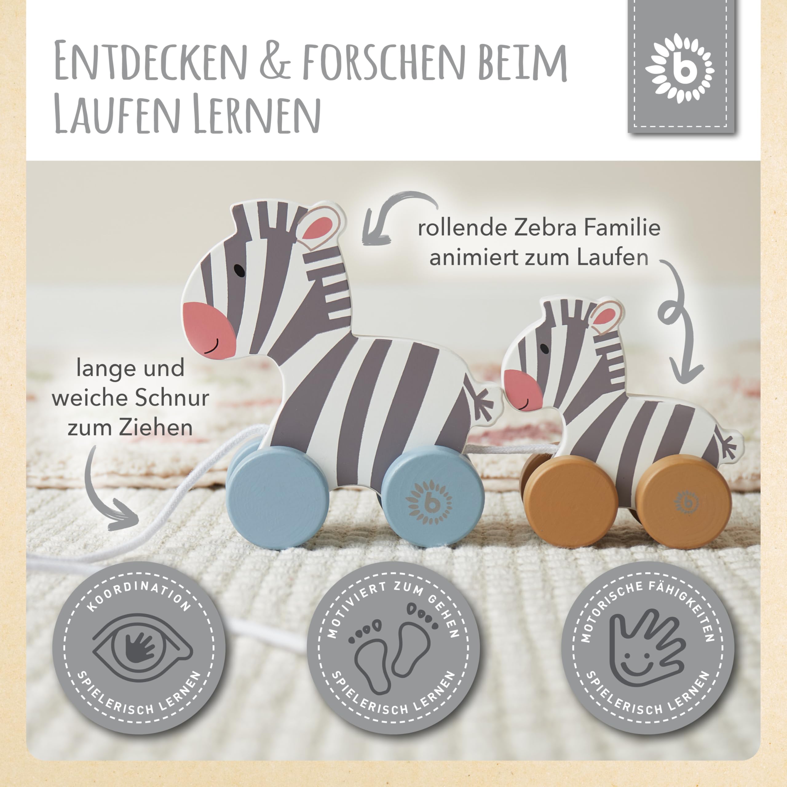 Bieco Holzspielzeug Baby Zebra - Hinterherzieh Tier zum Hinterherziehen - Holzspielzeug Baby ab 1 Jahr - Nachziehtier Holz Hinterherzieh Spielzeug ab 1 Jahr Spielzeug für 1 Jährige Nachzieh Spielzeug