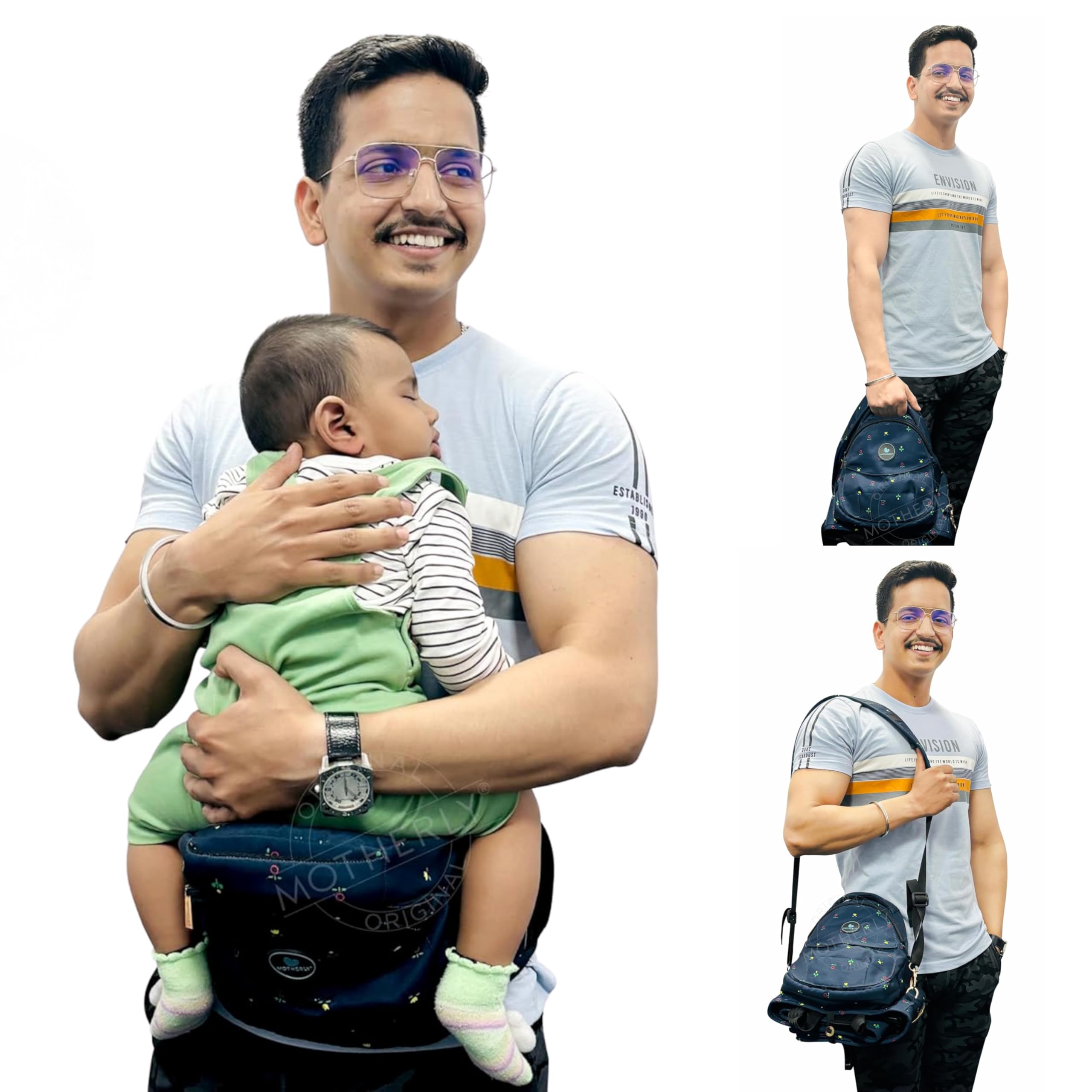 Motherly Ready-to-Use Baby Hip Carrier, Ergonomic Design Toddler Carrier & Convertible to Sling Carry Bag, Baby Carrier with Multi-Storage Pockets, Waist Belt Carrier for Toddler (Blue Flower)