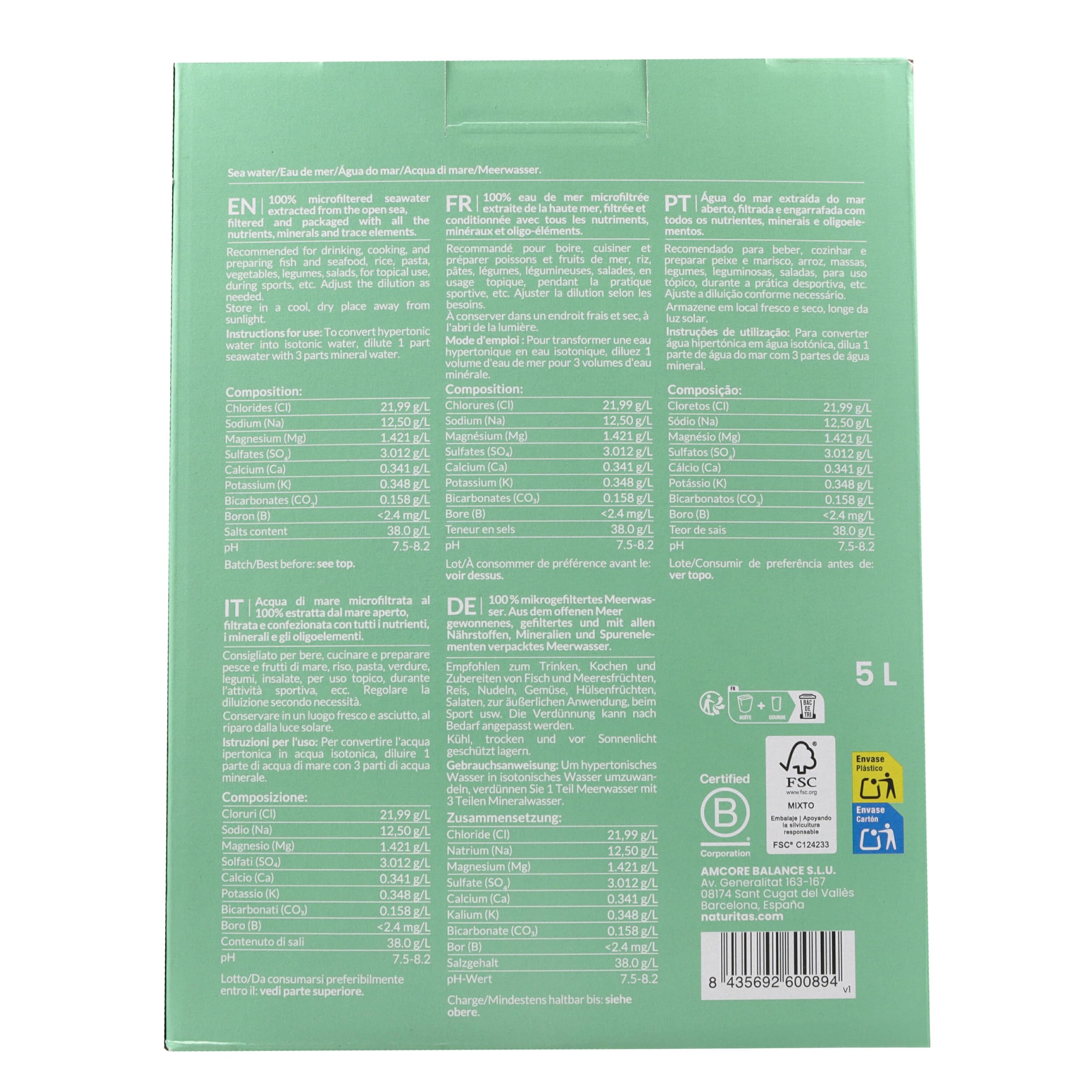 Agua marina | 5 L Bag in Box | Naturitas Essentials | 100% Pura, Microfiltrada en Frío, Ideal para Beber, Cocinar y Preparar Agua Isotónica