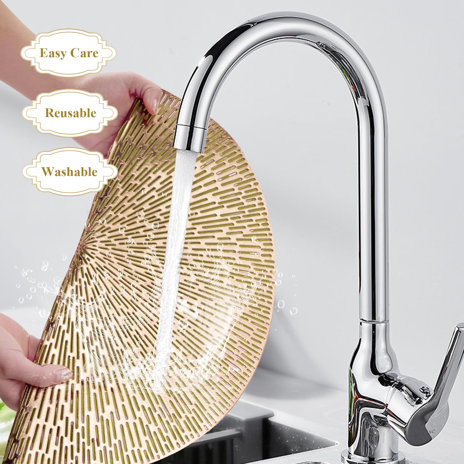 Juego de 6 manteles individuales redondos de vinilo prensado metálico dorado de 15 pulgadas, antideslizantes, lavables, resistentes al calor, manteles individuales circulares para cocina, mesa de