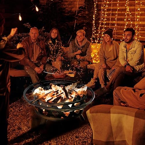 Miniatura 8 de UDPATIO Fogata para exterior de 30 pulgadas con cubierta y tapete para quemar leña al aire libre, cuenco grande de acero con parrilla giratoria