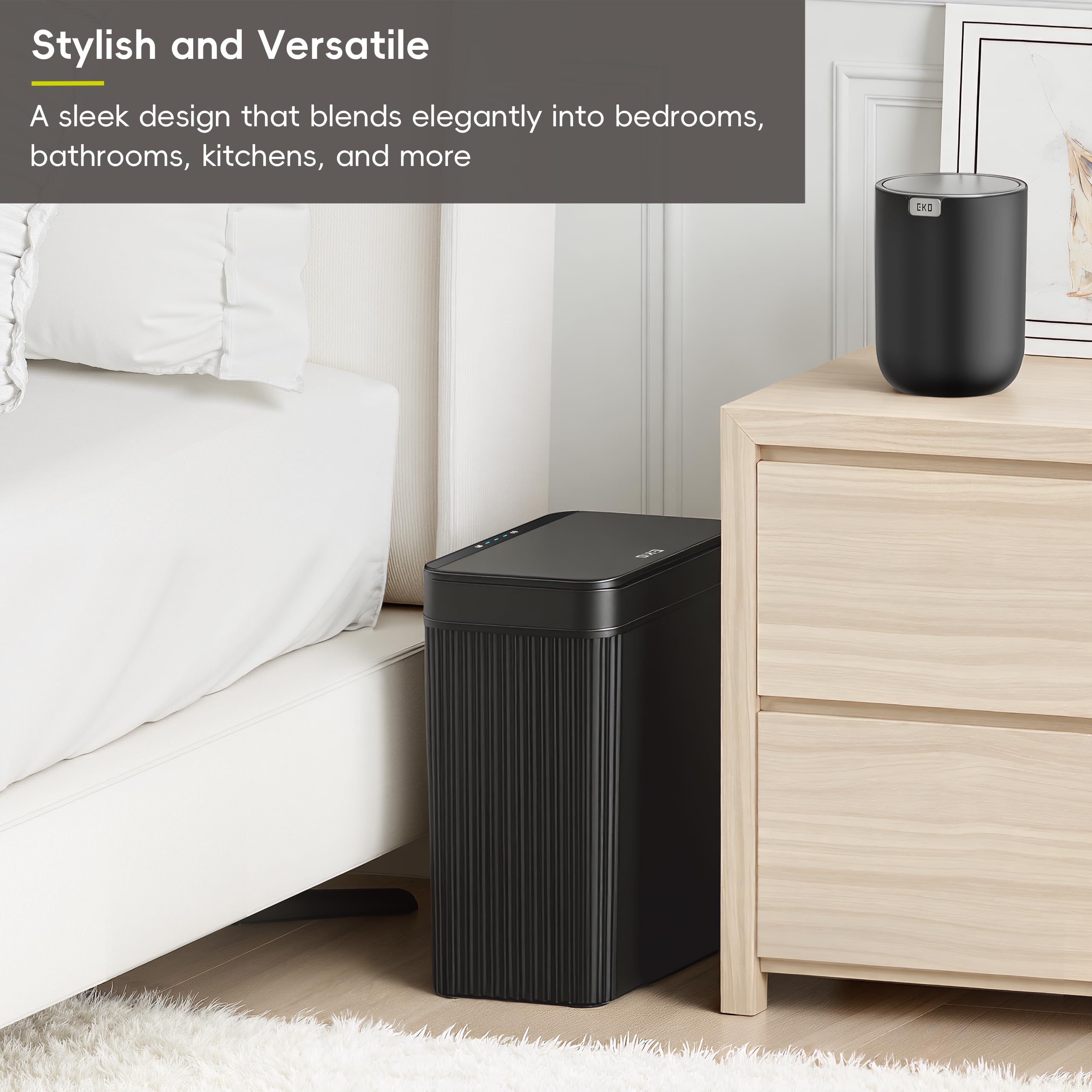 EKO Brio - Cubo de basura con sensor de movimiento, automático, sin contacto, resistente al agua, para cocina, dormitorio y oficina, 10 L, color negro