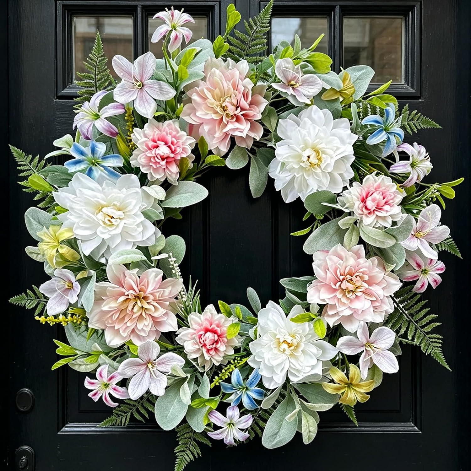 22 Inch Artificial Dahlia Wreaths for Front Door, Spring Summer Wreath with Eucalyptus, Fern & Lamb's Ear Leaves, Farmhouse Floral Wreath for Home Porch Window Wall, All Season Decor
