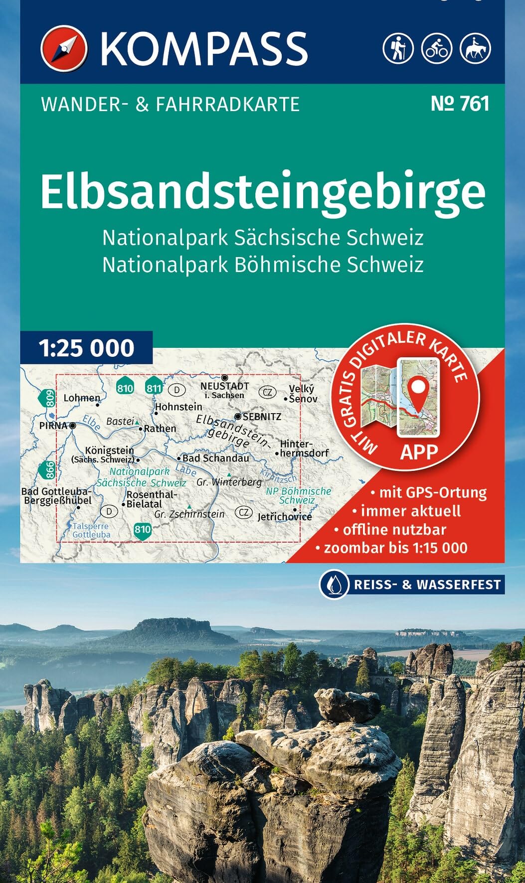 KOMPASS Wanderkarte 761 Elbsandsteingebirge, Nationalpark Sächsische Schweiz, Nationalpark Böhmische Schweiz 1:25.000: Wander- und Fahrradkarte in ... Radwege. Skitouren. Langlaufen. Reiten.