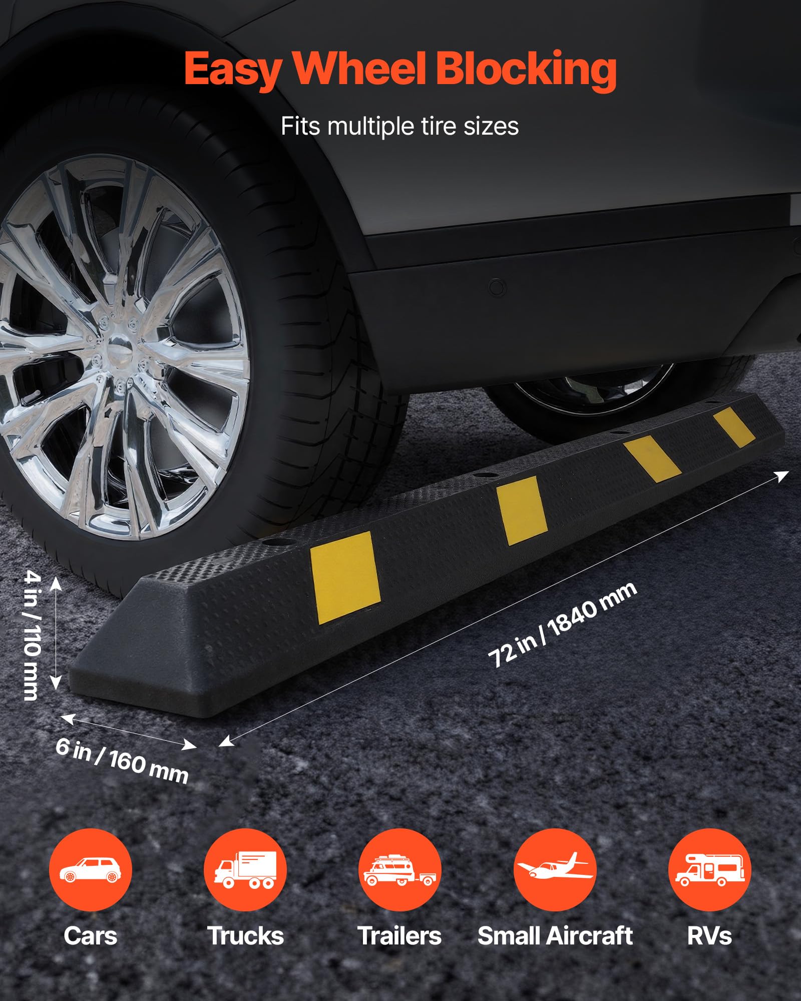 VEVOR Tope de Estacionamiento, 2 Unidades, 184 x 16 x 11 cm, Barrera de Estacionamiento de Goma con Bandas Reflectantes Brillantes, para Coches, Furgonetas y Camiones, Guía para Ruedas, Negro