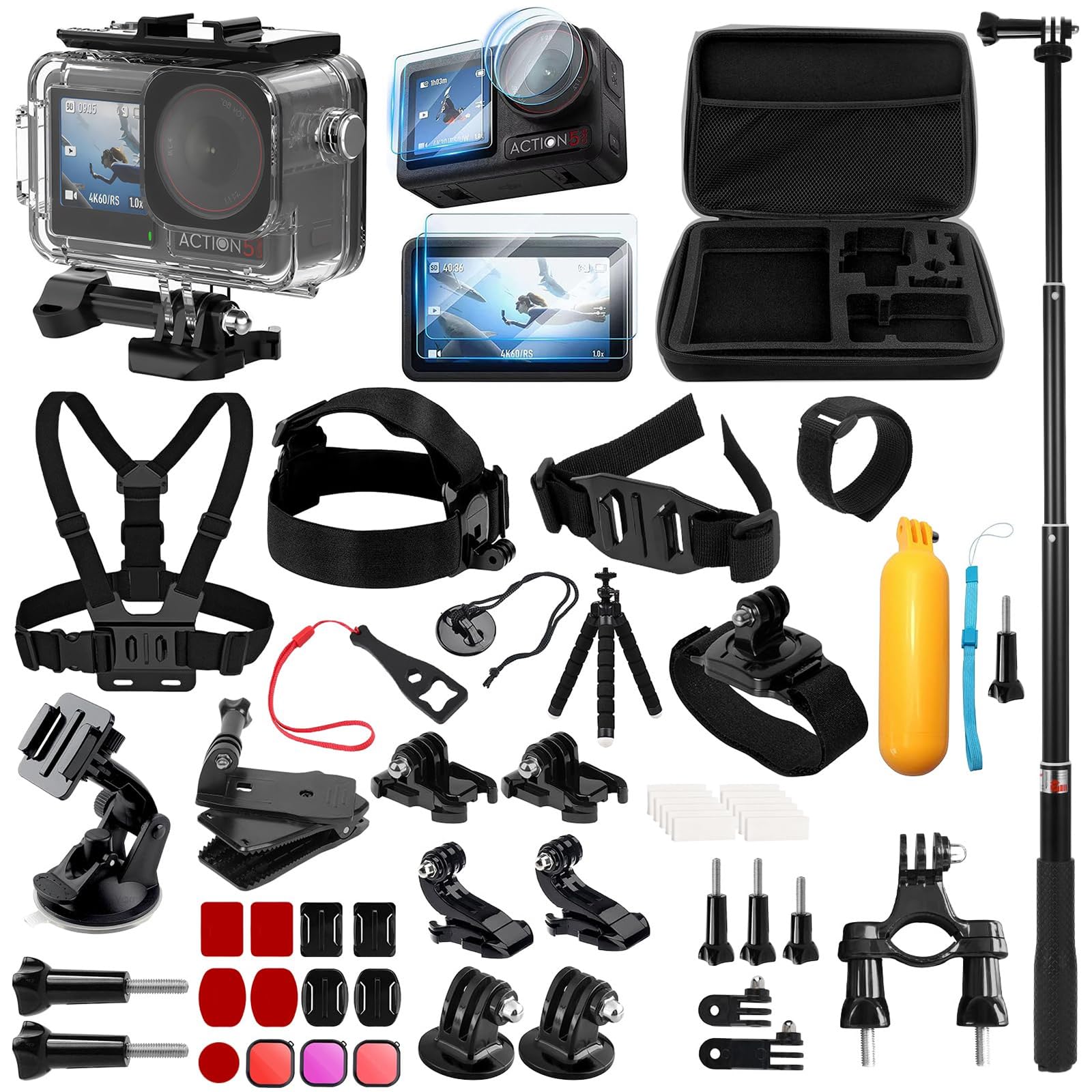51 w 1 Kompletny Zestaw Akcesoriów, wodoszczelna obudowa do Kamery Sportowej, kompatybilny z DJI Osmo Action 5 Pro/4/3, zawiera: etui, akcesoria statywy, ochronę ekranu i więcej
