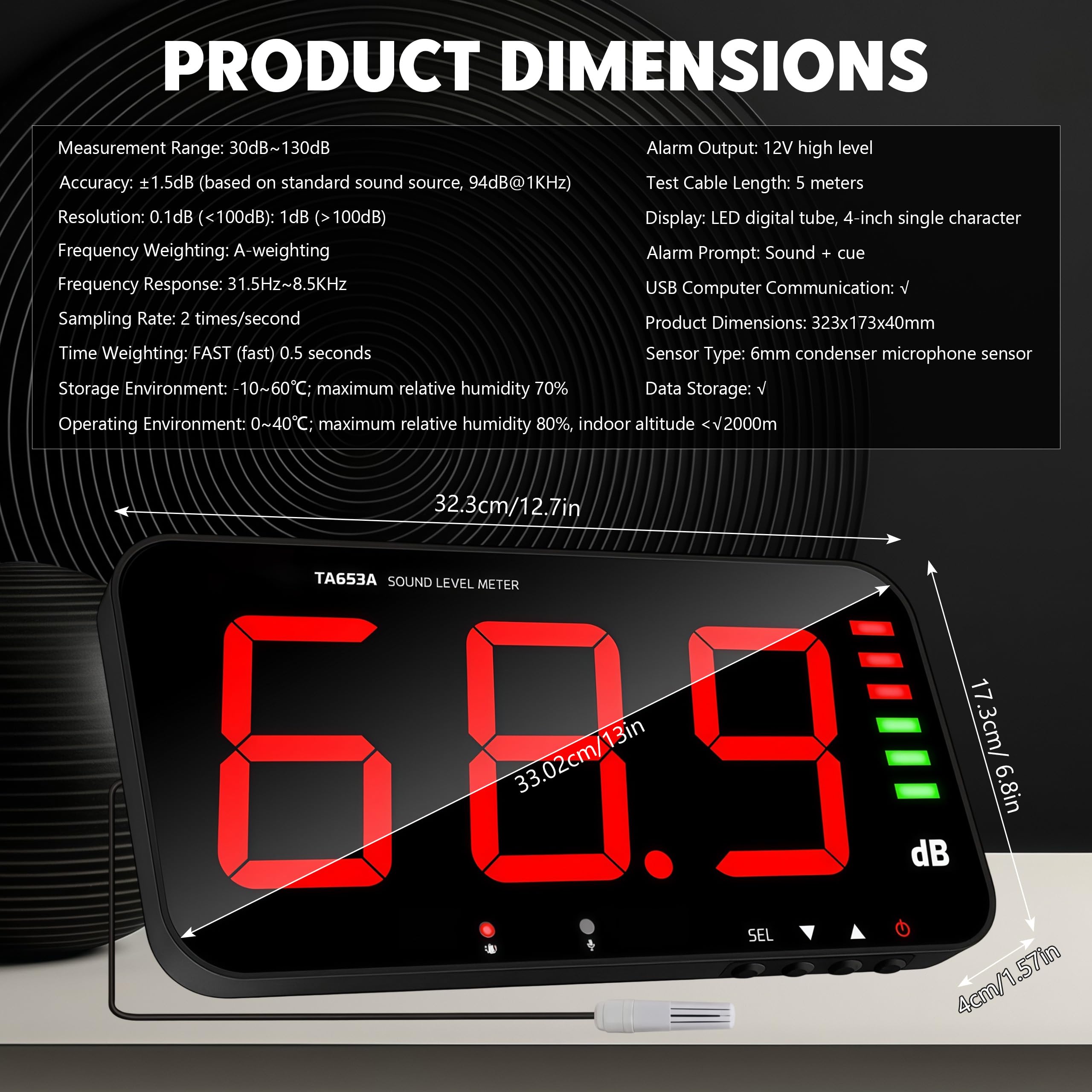 Dezibelmessgerät 13 Zoll, 30-130 DB Digitaler Schallpegel-Messgerät mit Großem LED-Display, Akustischer und optischer Alarm, Computerkommunikations und Datenspeicherfunktionen für Schulen, Büros