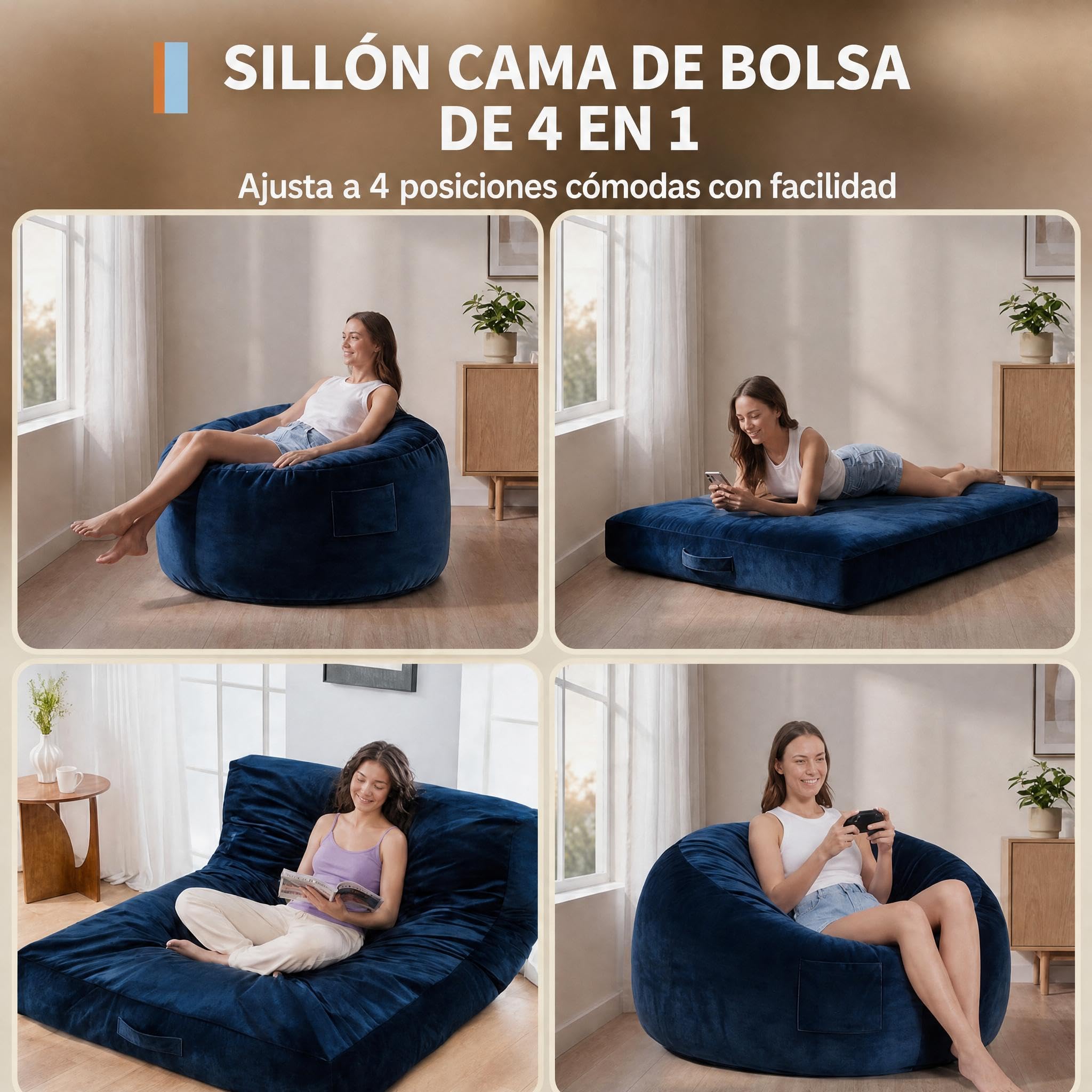 Garvee Sofá Puff 3 en 1 Amplio para Adultos, Sofá Cama Espacioso- Azul | Revestimiento de esponja de Alta Recuperación - Sofá Cama Espacioso para Salón, Dormitorio y Sala de Juegos,Azul