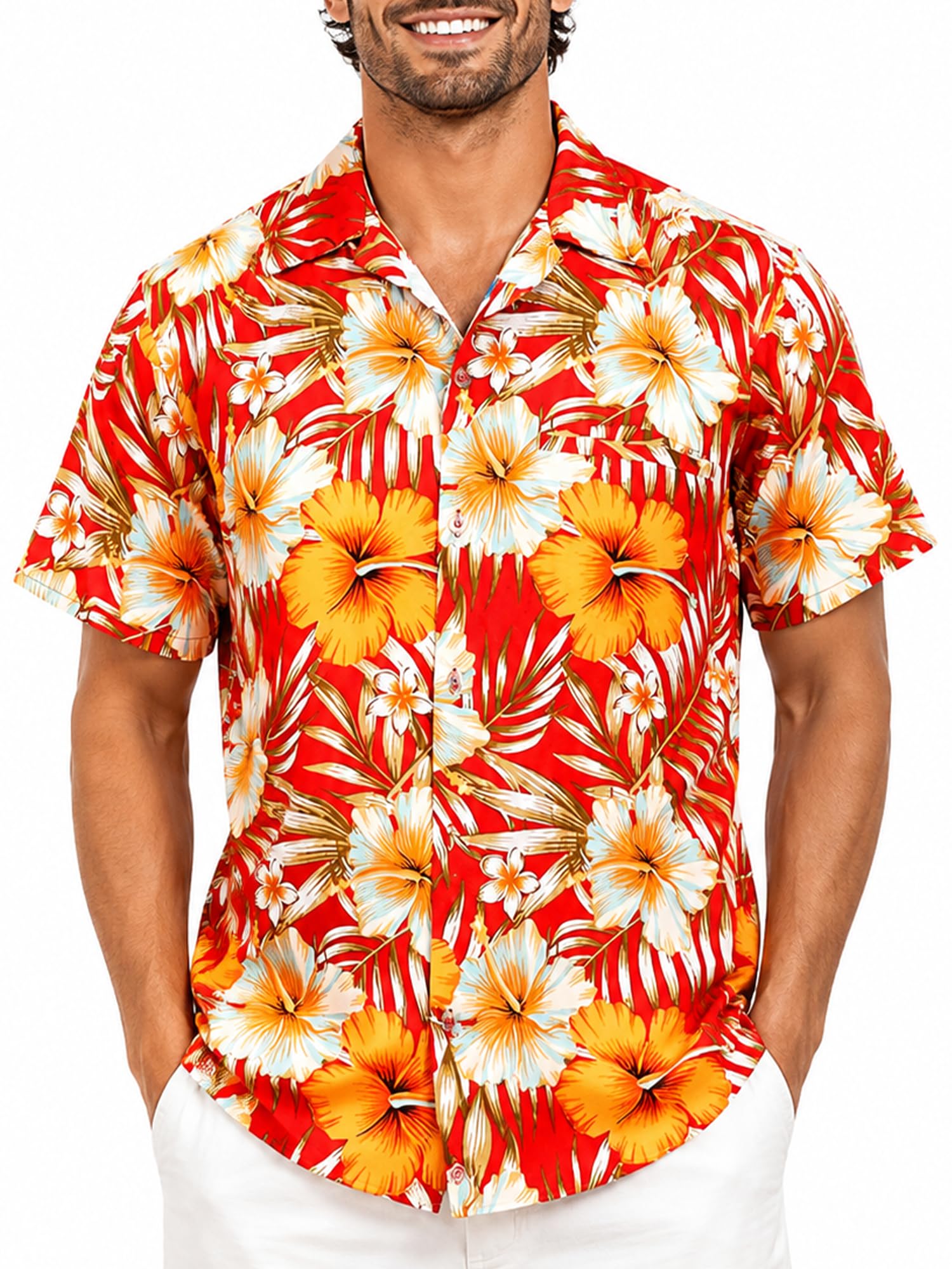 King Kameha Men's Tropical-Hibiscus-Design-Red-Yellow Funky Hawaiian-Shirt, Short-Sleeve, Tropical-Hibiscus, Red-Yellow, Xs