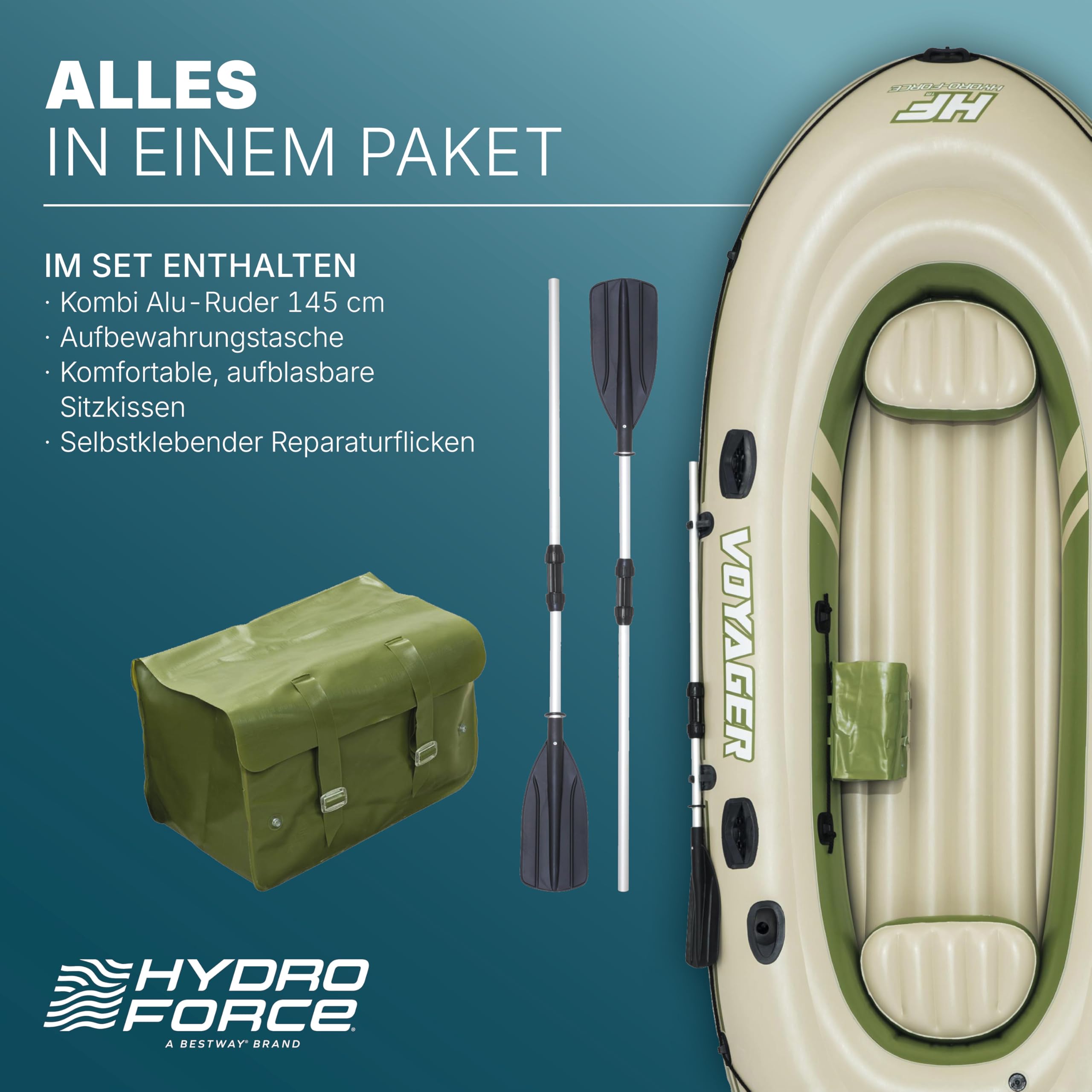 Bestway Hydro-Force™ Schlauchboot-Set, Voyager 500, 348 x 141 x 48 cm, für 3 Personen