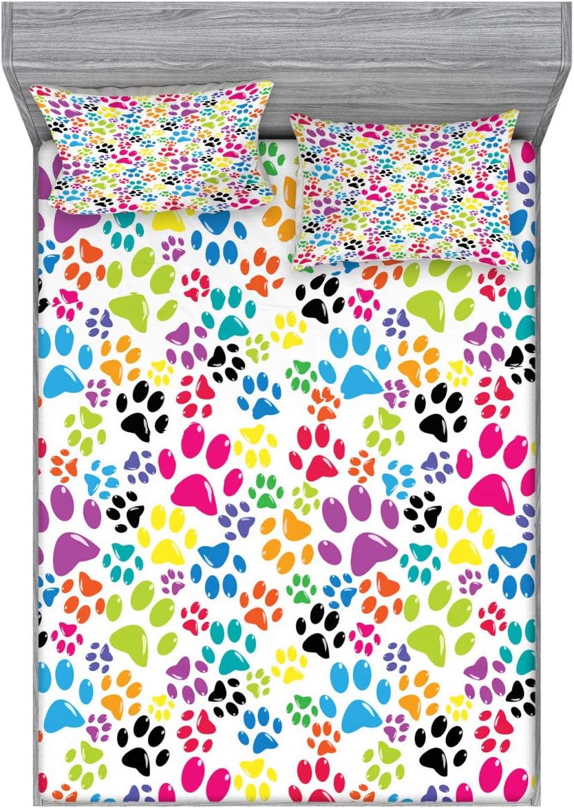 Ambesonne Dog Fitted Sheet & Pillow Sham Set, Colorful Little Paws Steps Childish Artwork Cartoon Unusual Traces Design, Decorative Printed 3 Piece Bedding Decor Set, Queen, Blue Purple