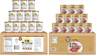 Werling Ready to Eat Canned Meats – Fully Cooked Bacon 12 oz & Canned Pork 14.5 oz – Shelf Stable Pantry Protein Pack – Everyday Meals, Camping & Food Storage – Pack of 24