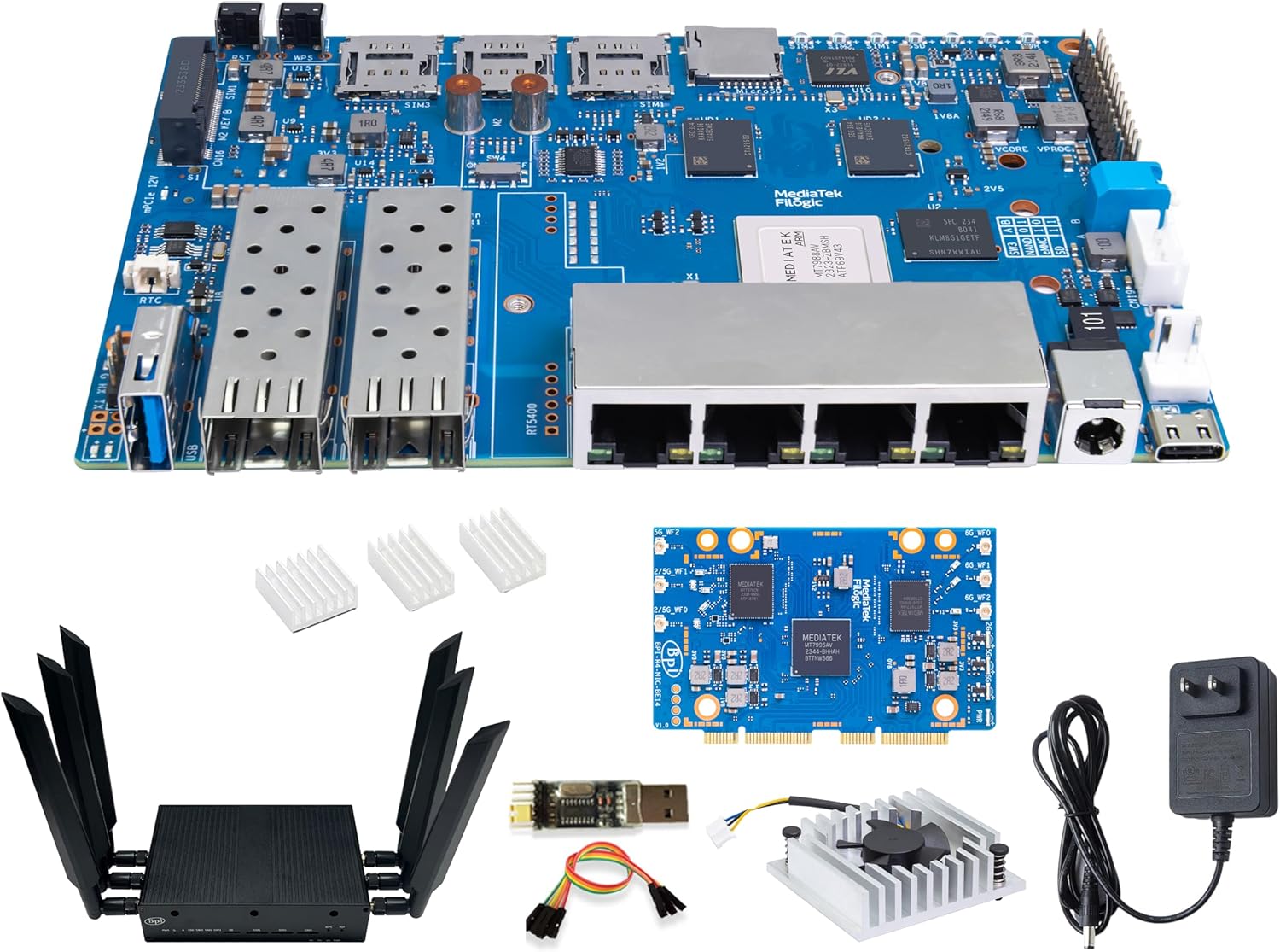 Banana Pi BPI-R4 WiFi 7 OpenWRT Wireless Dual-Band WiFi Router Board, MediaTek MT7988A (Filogic 880) SoC, 4G/5G Internet Router, 4X GbE and 2X 10GbE SFP for NAS Smart Home Gateway (8GB RAM Bundle3) Banana Pi BPI-R4 WiFi 7 OpenWRT Wireless Dual-Band WiFi Router Board, MediaTek MT7988A (Filogic 880) SoC, 4G/5G Internet Router, 4X GbE and 2X 10GbE SFP for NAS Smart Home Gateway (8GB RAM Bundle3)