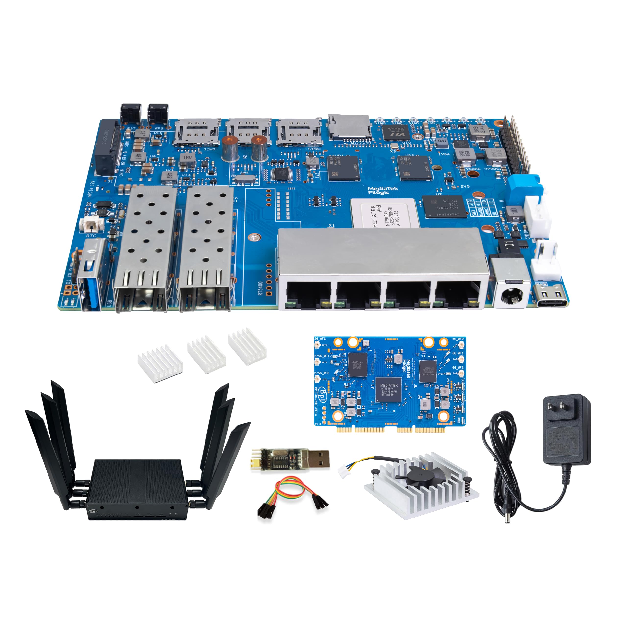 Banana Pi BPI-R4 WiFi 7 OpenWRT Wireless Dual-Band WiFi Router Board, MediaTek MT7988A (Filogic 880) SoC, 4G/5G Internet Router, 4X GbE and 2X 10GbE SFP for NAS Smart Home Gateway (8GB RAM Bundle3)