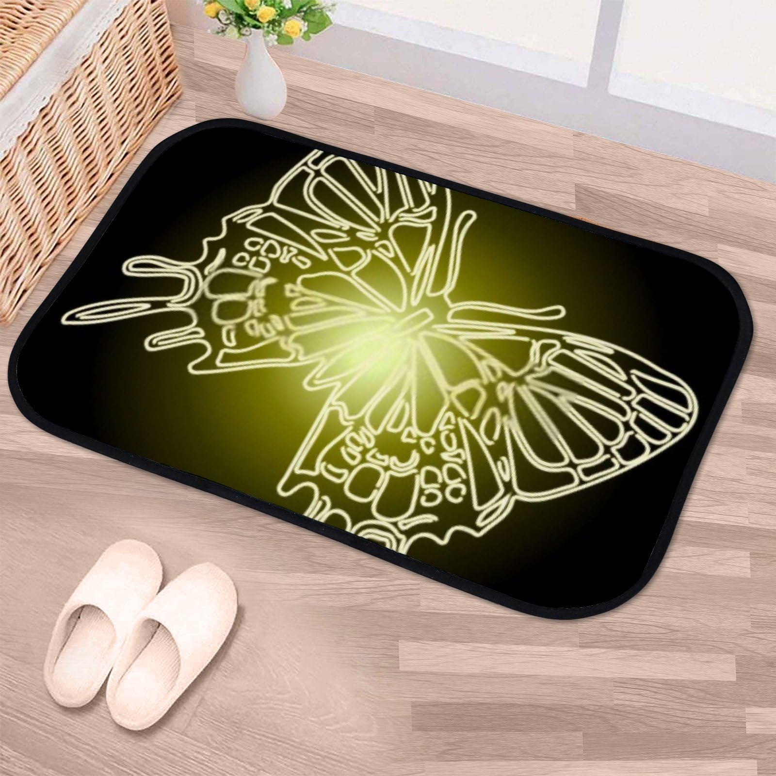 Nuansexi Bathroom Rugs Neon Flying Butterfly Floor Mats Non Slip Bathmat Doormat Tub Mat Coral Velvet Absorbent Entrance Carpet Mats Machine Washable Bedroom Decor