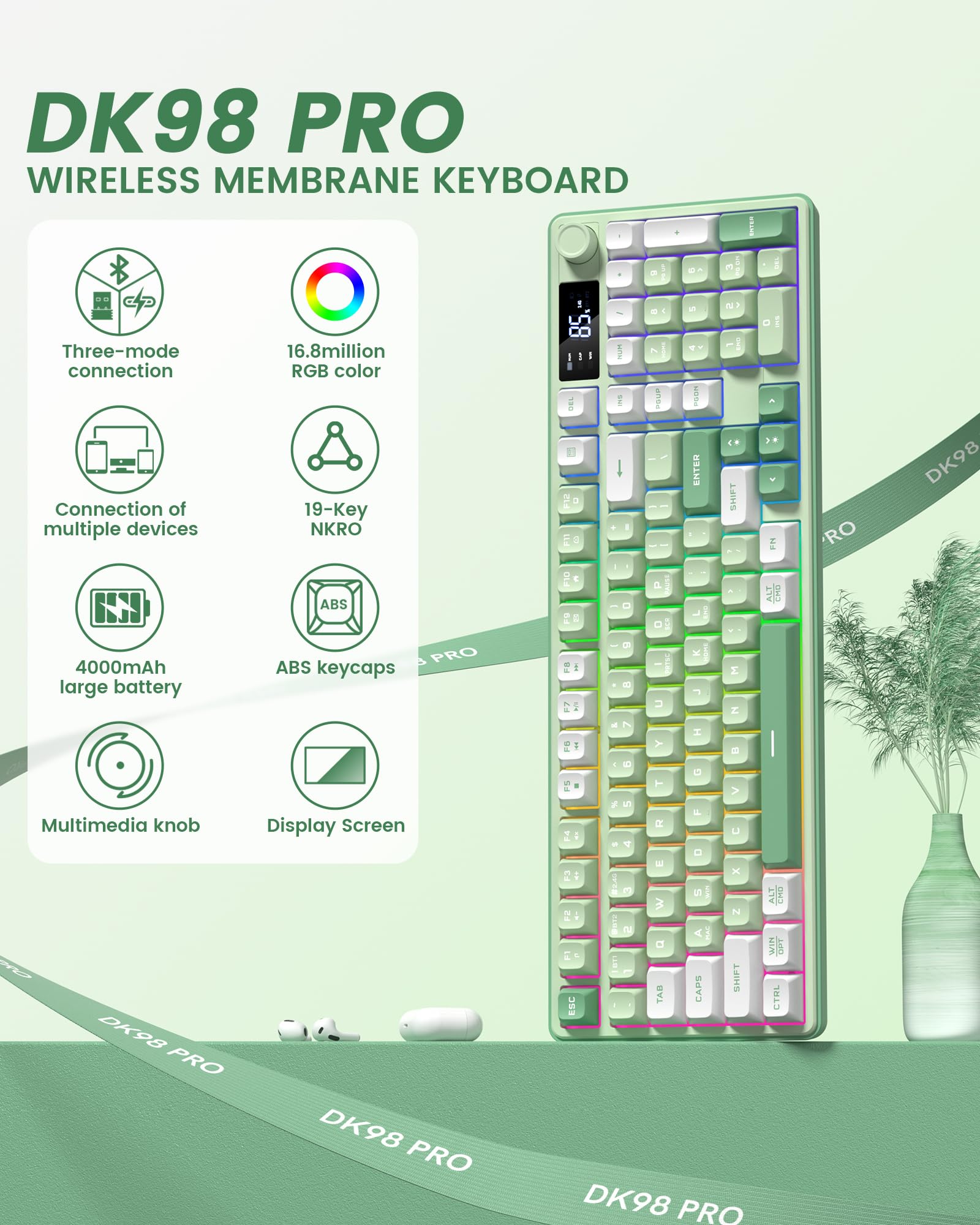 Keymatic Gaming Keyboard Wireless Creamy Keyboard with Media Knob & Screen Cute Keyboard Mechanical Feeling Membrane Keyboard with Number Pad RGB Backlit Tri-Mode BT/2.4GHz/USB-C - Green — view 2