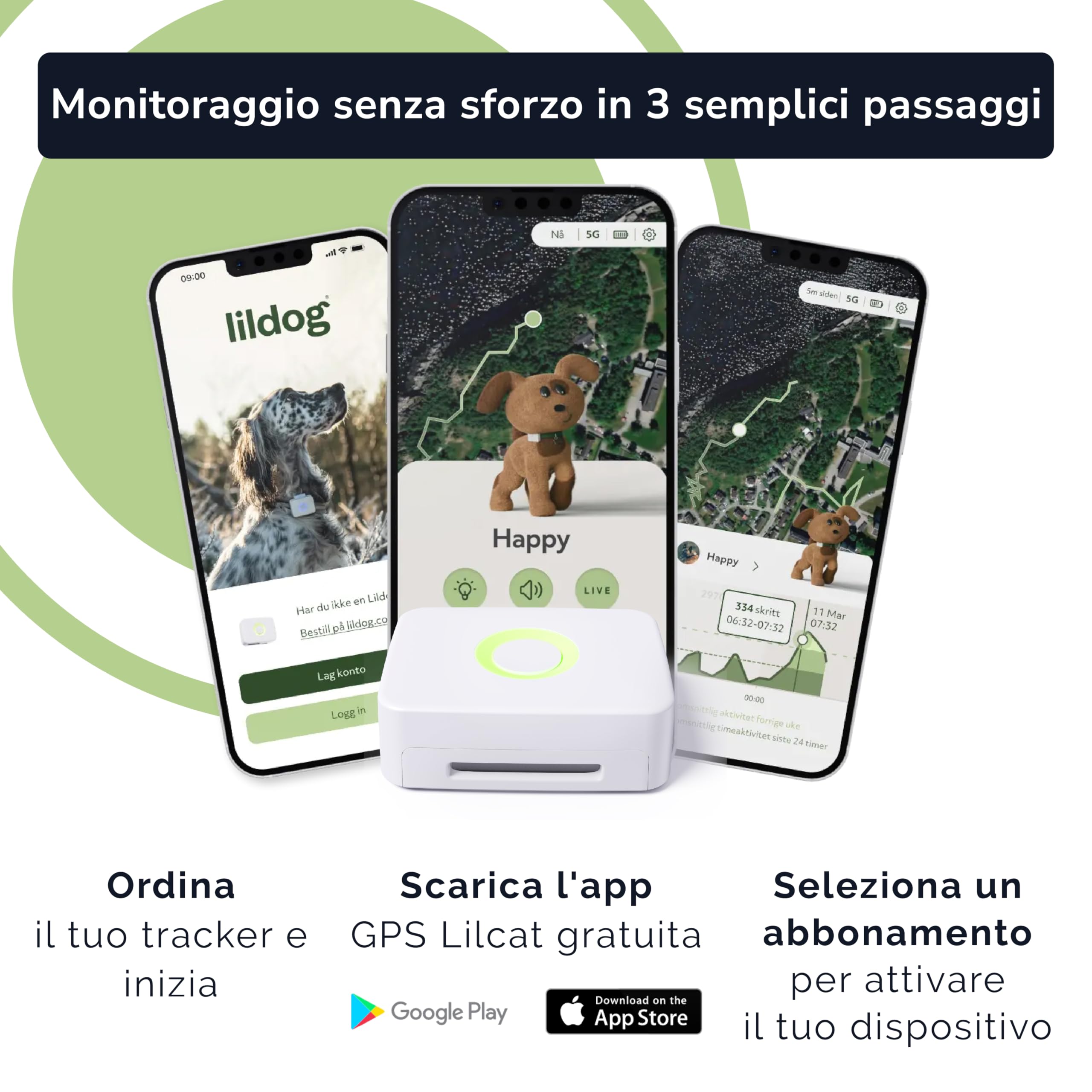 Lildog 2 GPS e activity tracker per cani, impermeabile, leggero, antiurto, tracciamento GPS in tempo reale e cronologia delle posizioni, contapassi e monitoraggio attività, prodotto in Norvegia, per