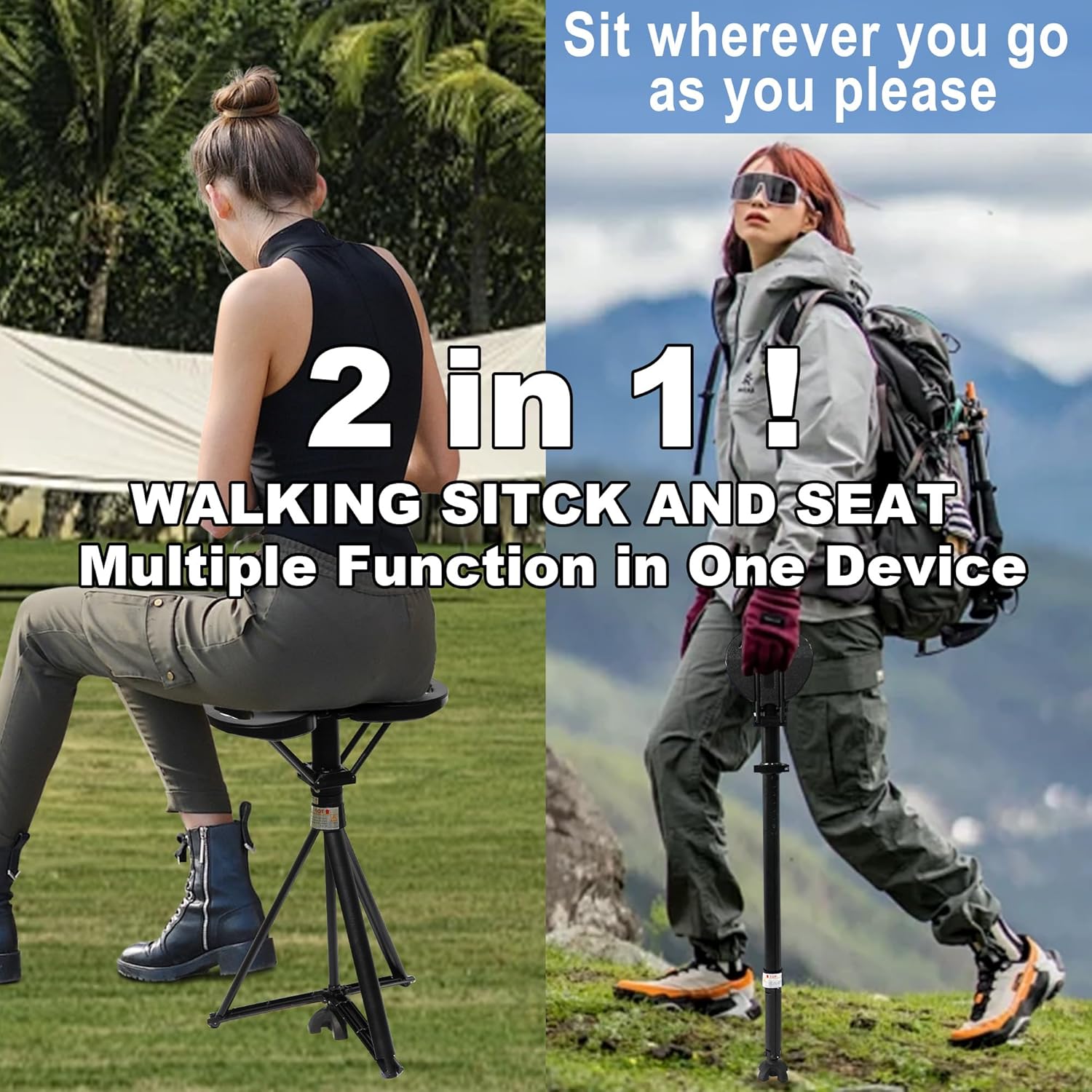 Walking Cane with Seat Folding Lightweight, Portable Cane Seat with Carry Bag, Walking Stick with Seat for Seniors & Adults, Foldable Adjustable Cane Chair for Travel Hiking Adjustable black
