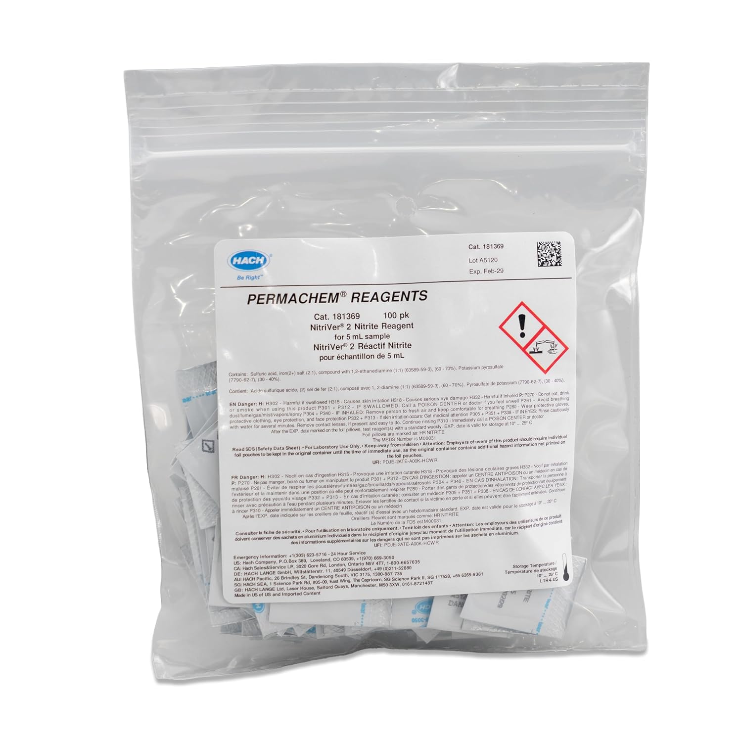 Hach NitriVer® 2 Nitrite Reagent Powder Pillows, (Pack of 100), 181369